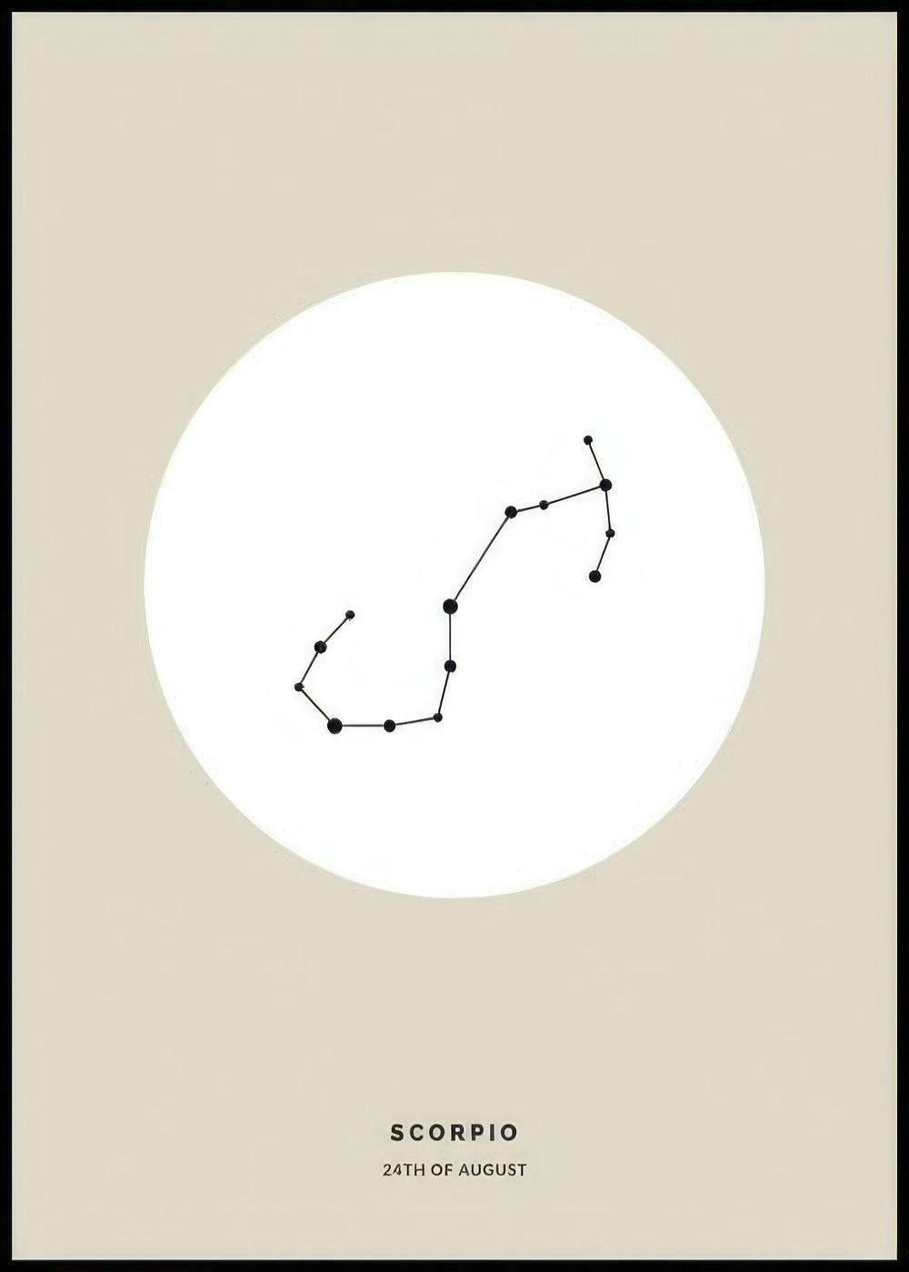 Un poster personnalisé beige avec la constellation du Scorpion en noir dans un cercle blanc central.