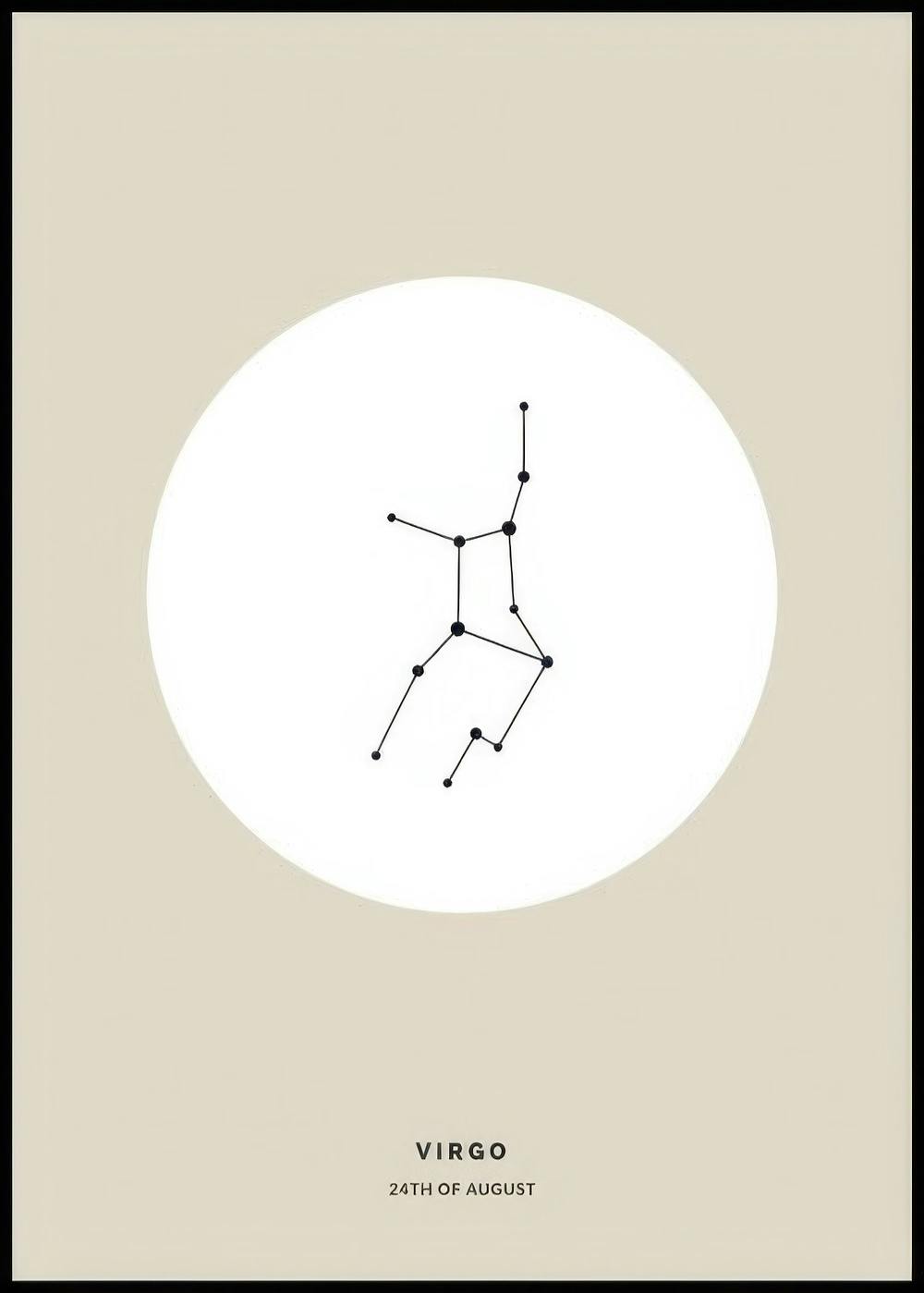 Poster personnalisé beige avec la constellation de la Vierge en noir sur un cercle blanc.
