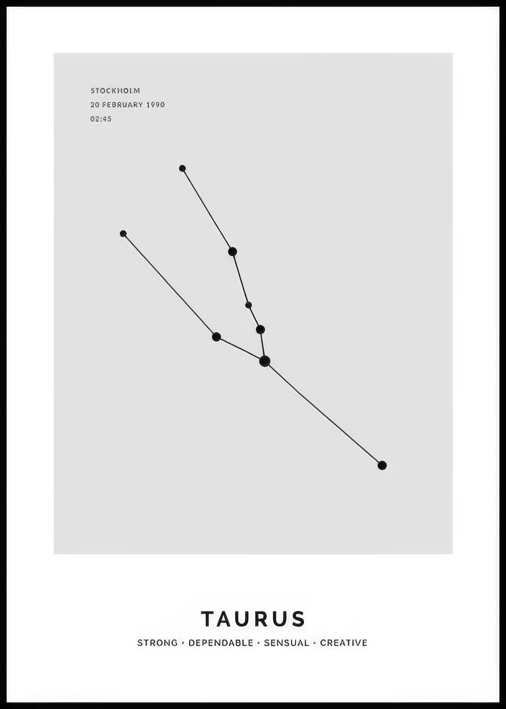 A personalised poster featuring a black and white Taurus constellation on a light grey background, with text details.