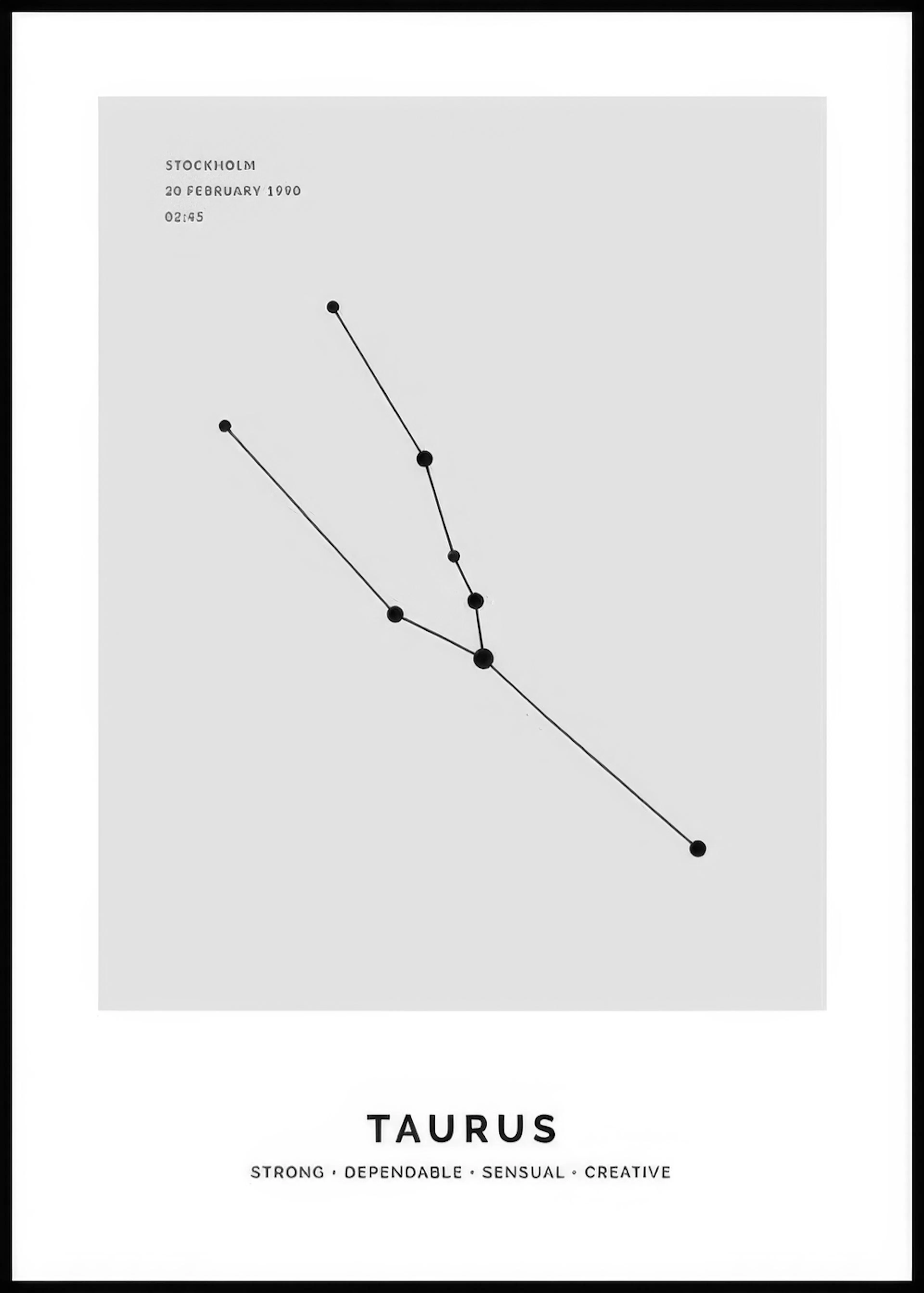 A personalised poster featuring a black and white Taurus constellation on a light grey background, with text details.