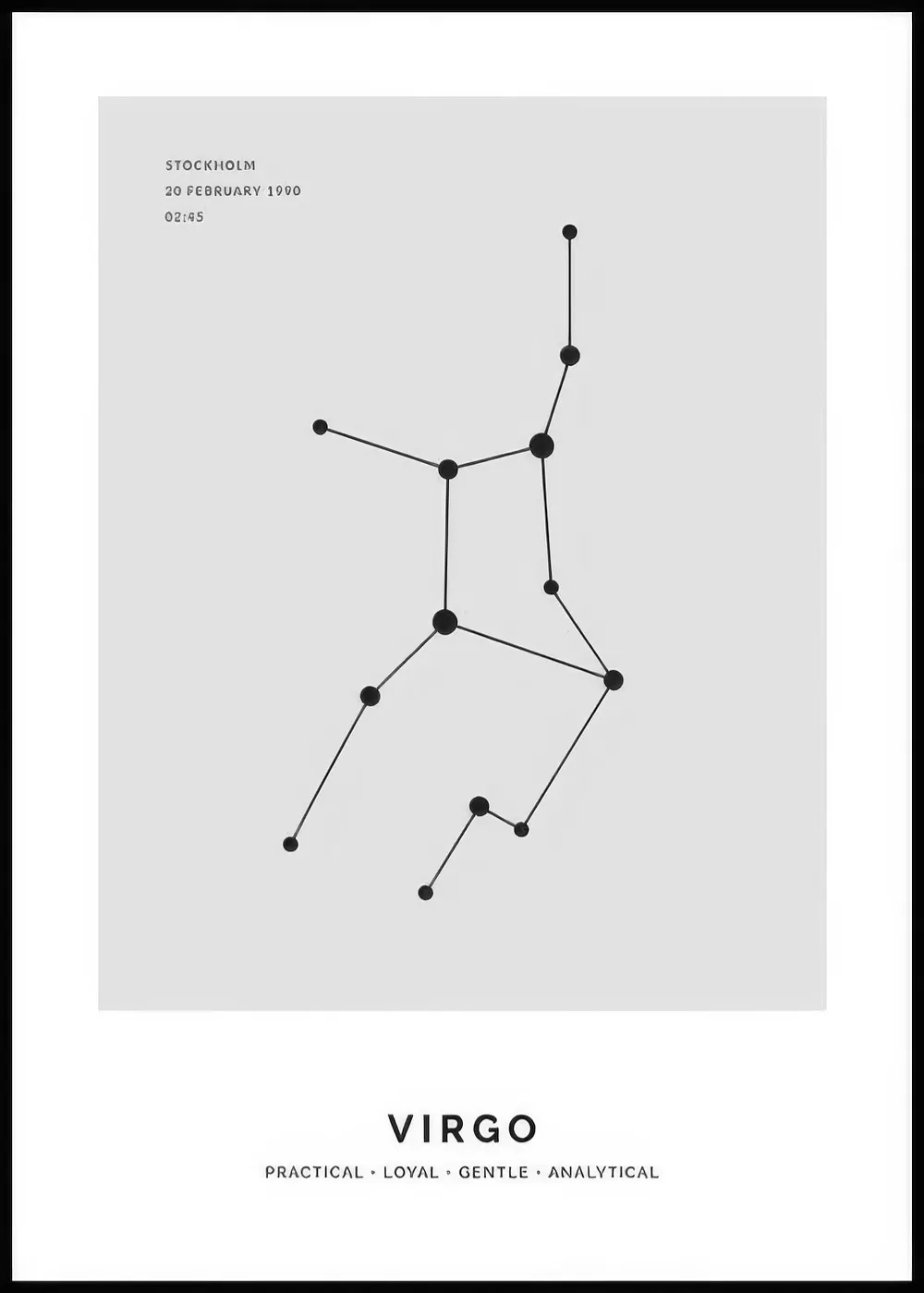 A personalised poster showing the Virgo constellation in black on a light grey background with birth details and traits.