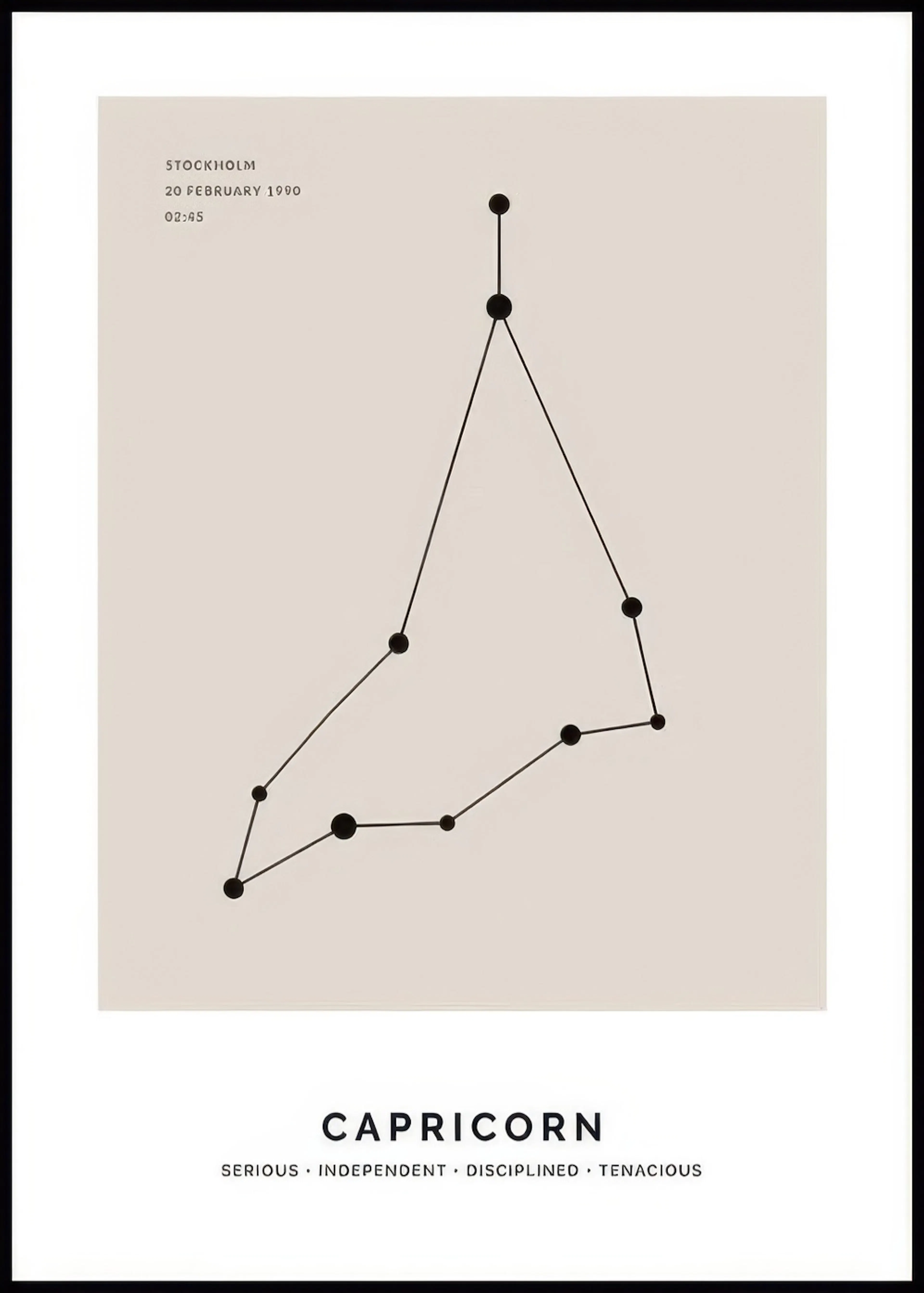 A personalised poster featuring the Capricorn constellation in black on a light beige background, with dates and text.