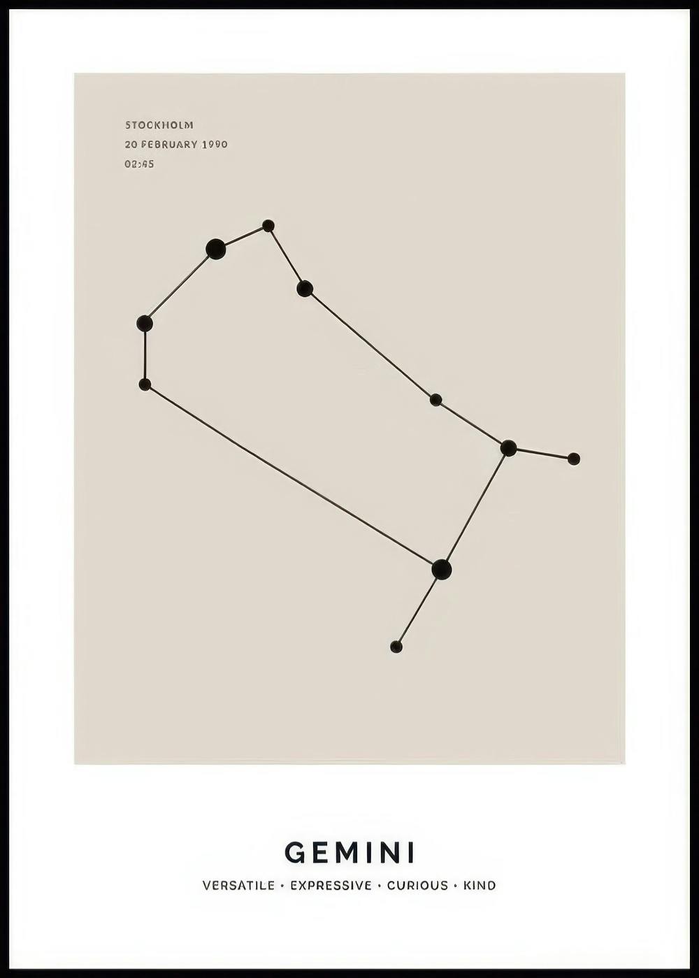 A personalized poster with a minimalist Gemini constellation design and custom text on a light background.