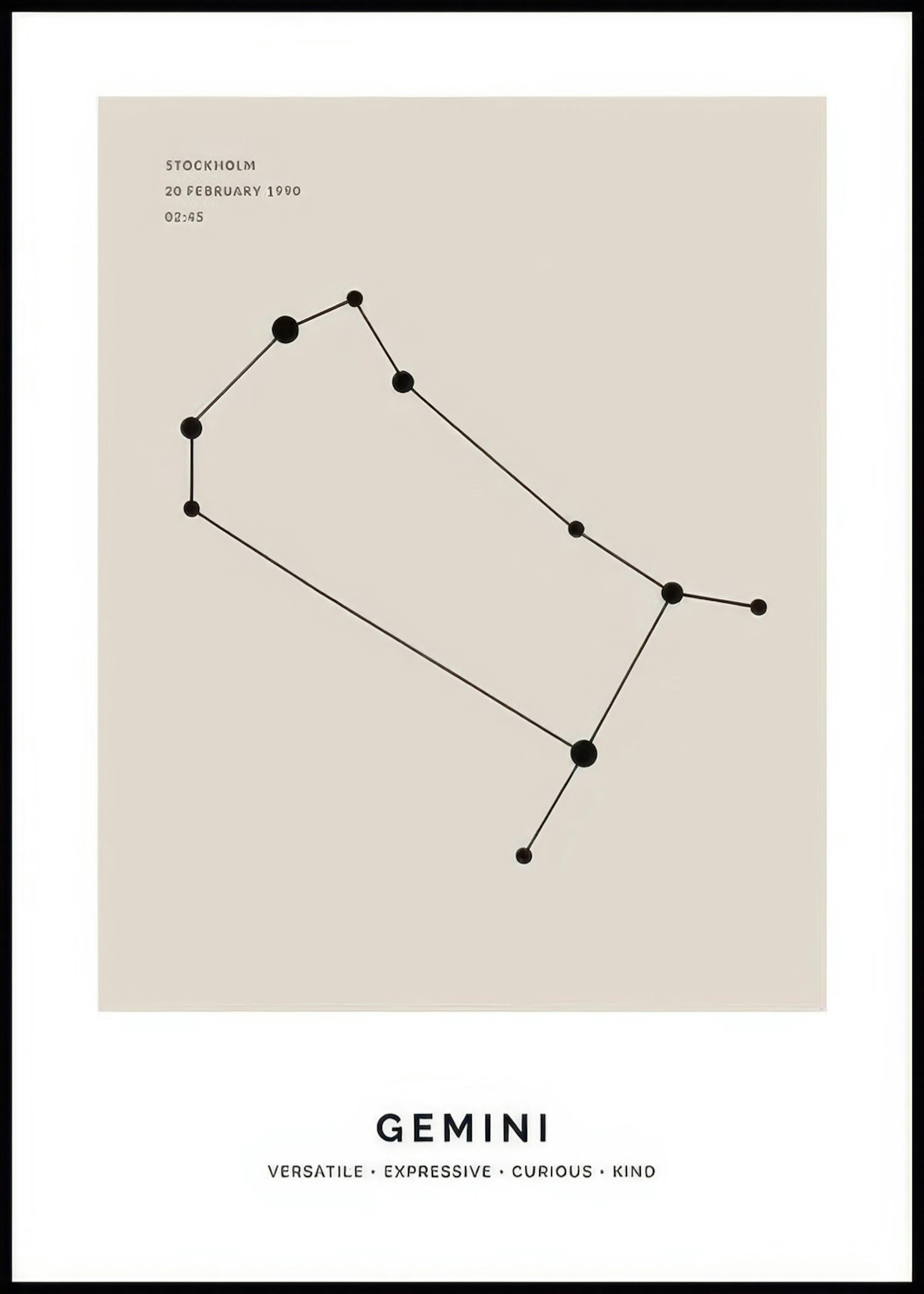 A personalized poster with a minimalist Gemini constellation design and custom text on a light background.