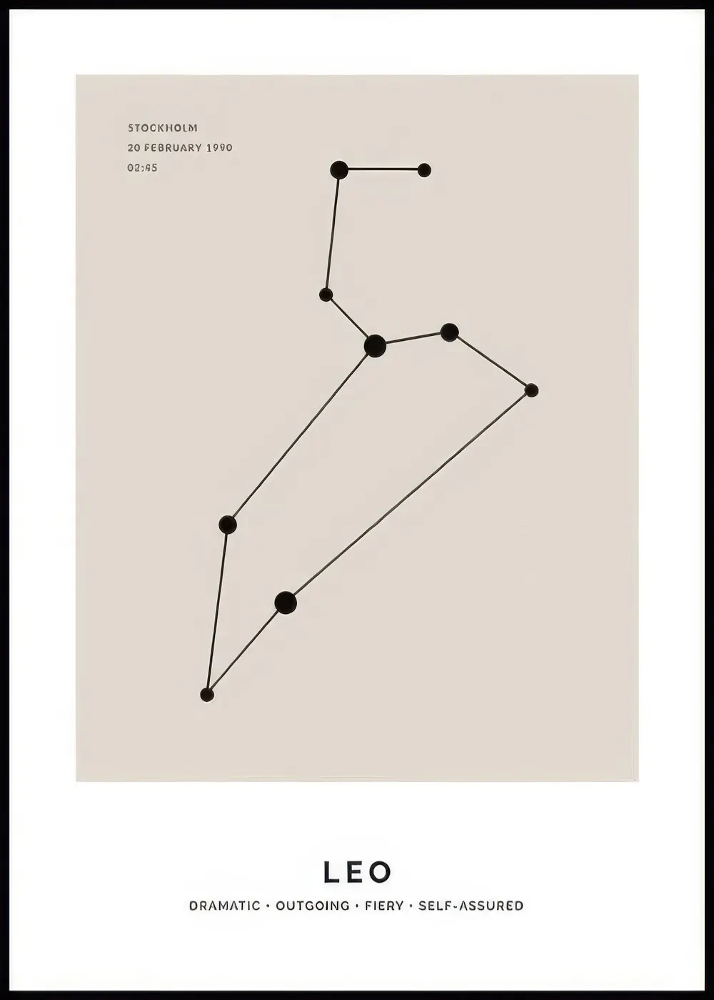 A personalised poster showing the Leo constellation with black lines and dots on a beige background, with text STOCKHOLM 20 FEBR