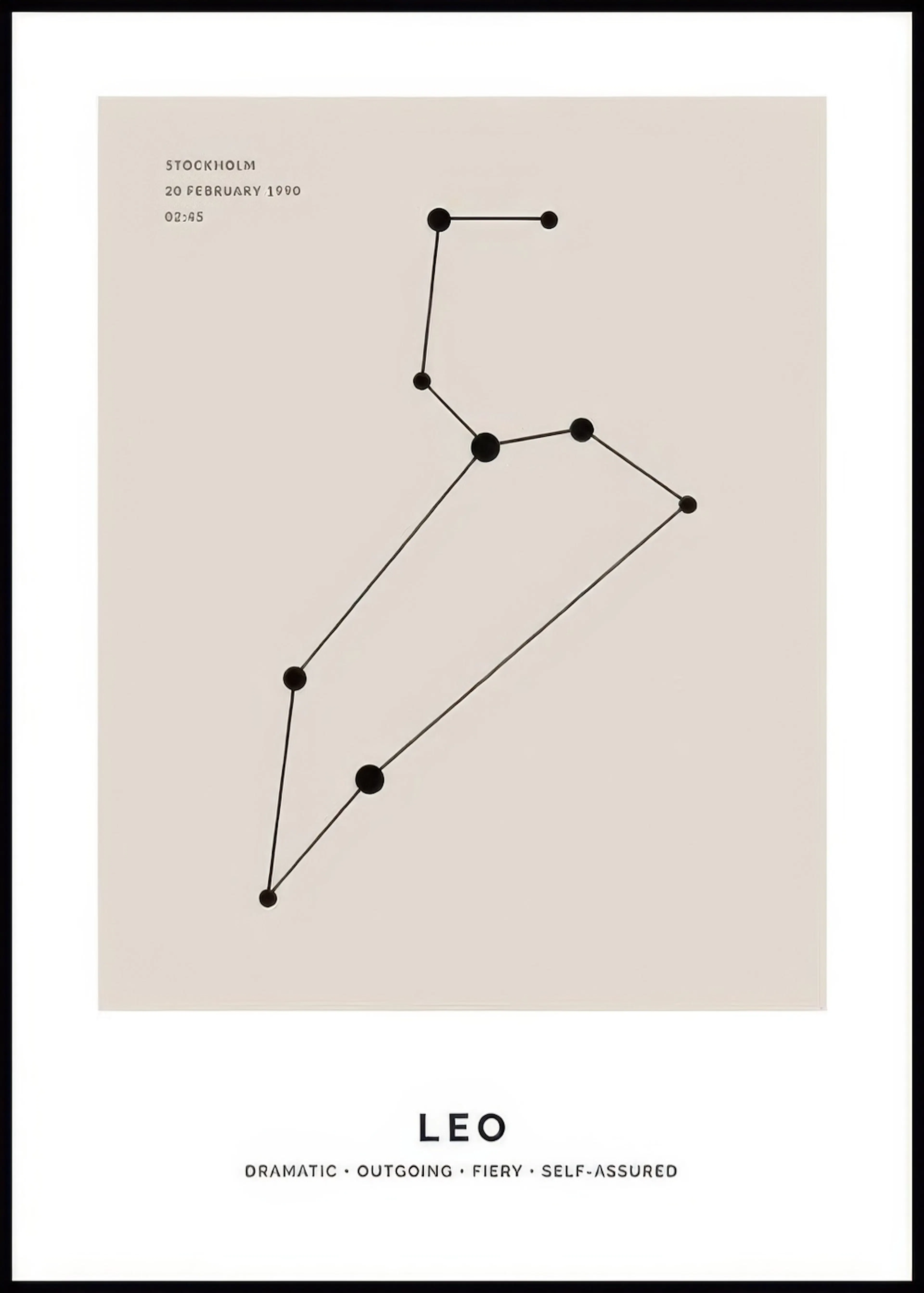 A personalised poster showing the Leo constellation with black lines and dots on a beige background, with text STOCKHOLM 20 FEBR