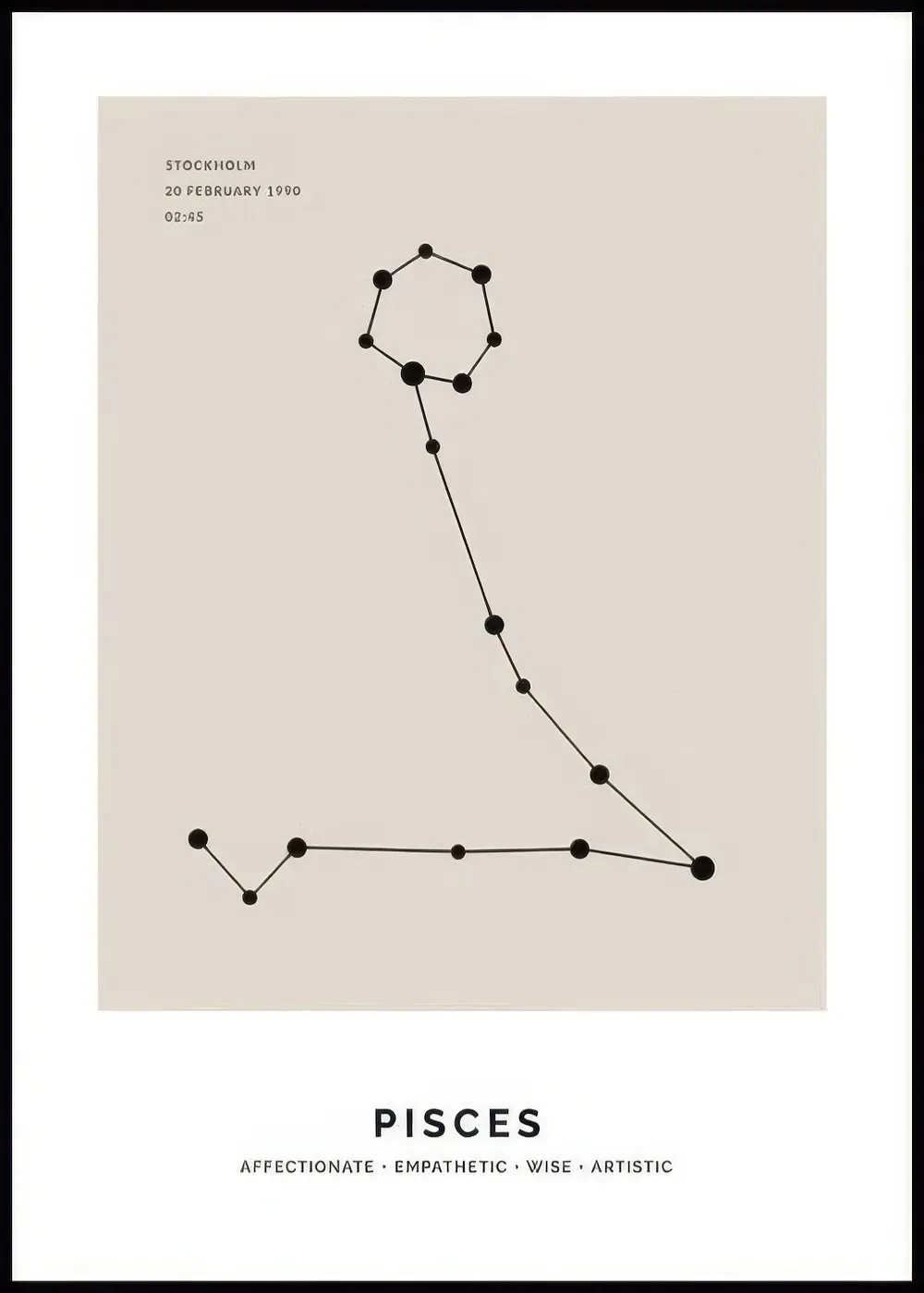 A personalised poster featuring the Pisces constellation in black dots and lines on a light beige background, with Pisces and de