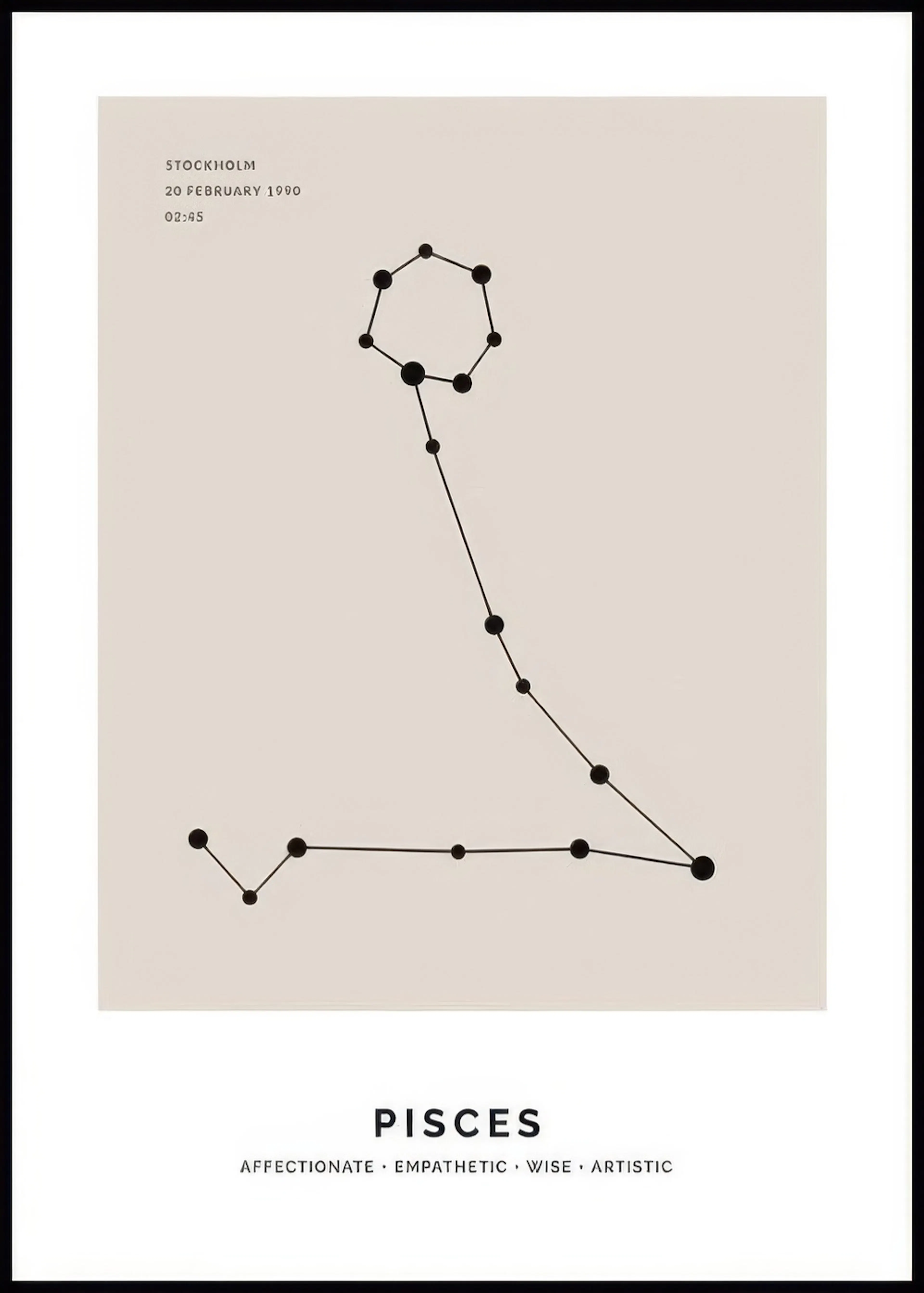 A personalised poster featuring the Pisces constellation in black dots and lines on a light beige background, with Pisces and de