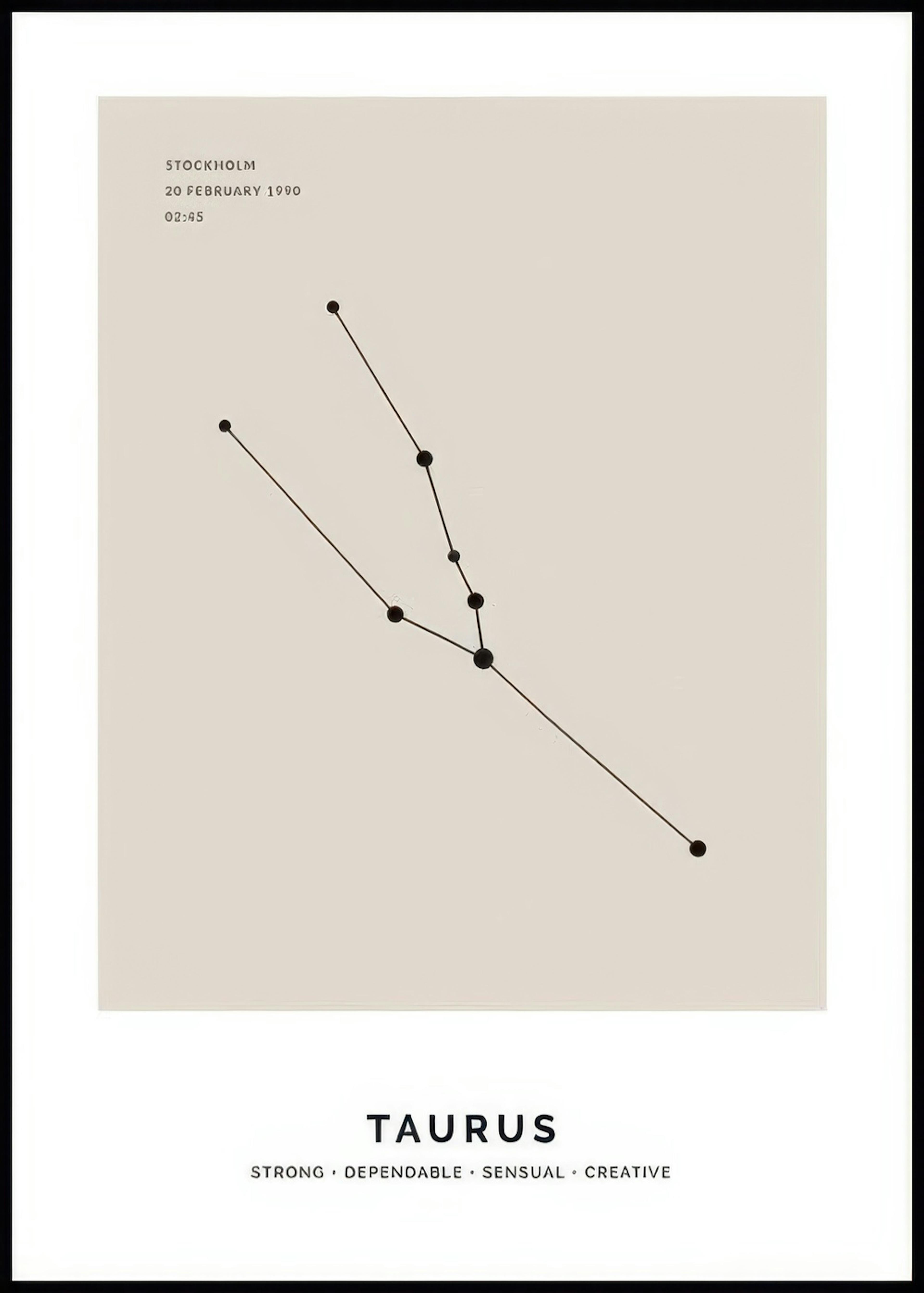 A personalized poster displaying the Taurus constellation in black lines and dots on a light beige background, with date and tex
