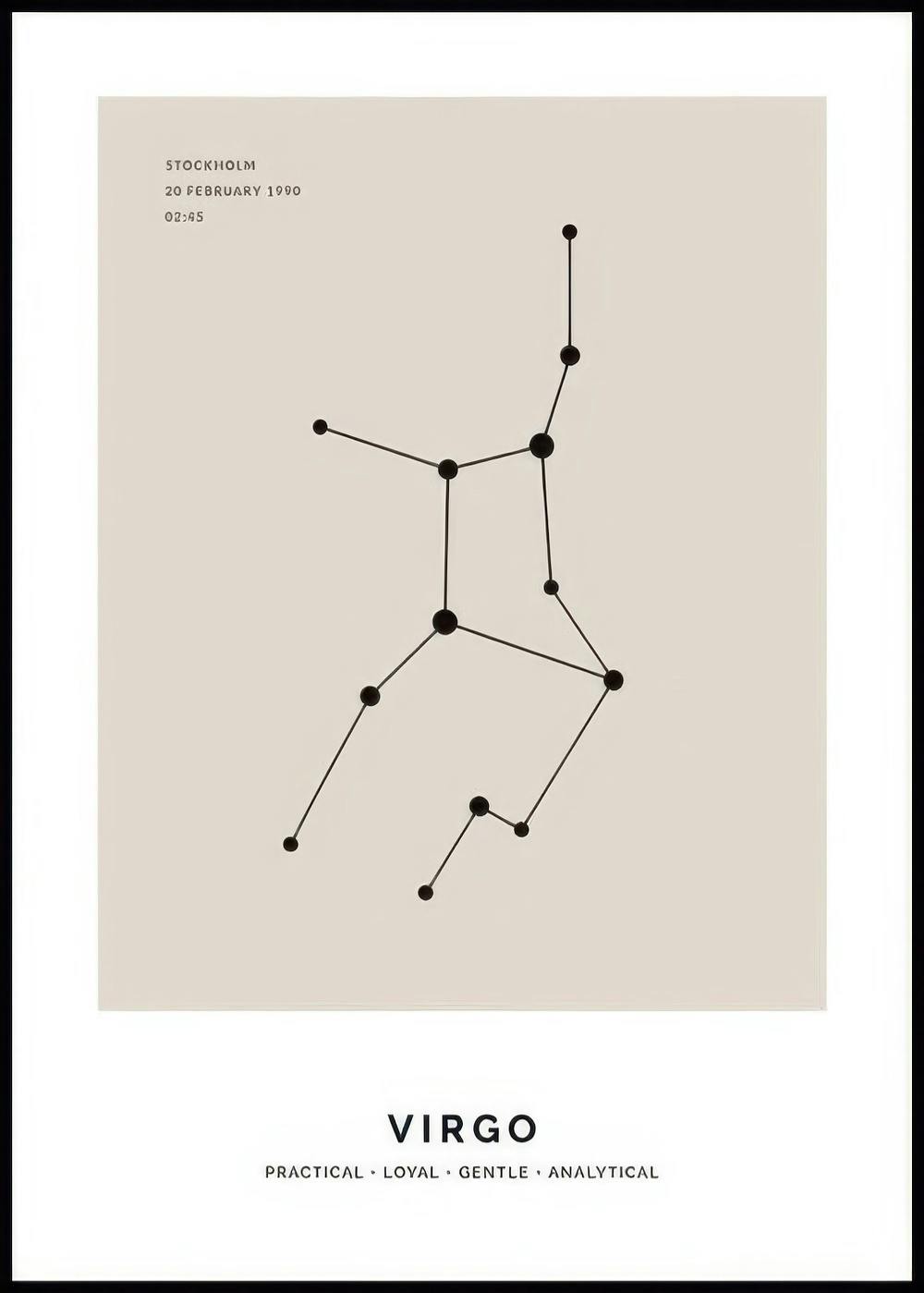 Poster personnalisé avec une constellation du zodiaque Vierge, et du texte personnalisable de date et lieu.
