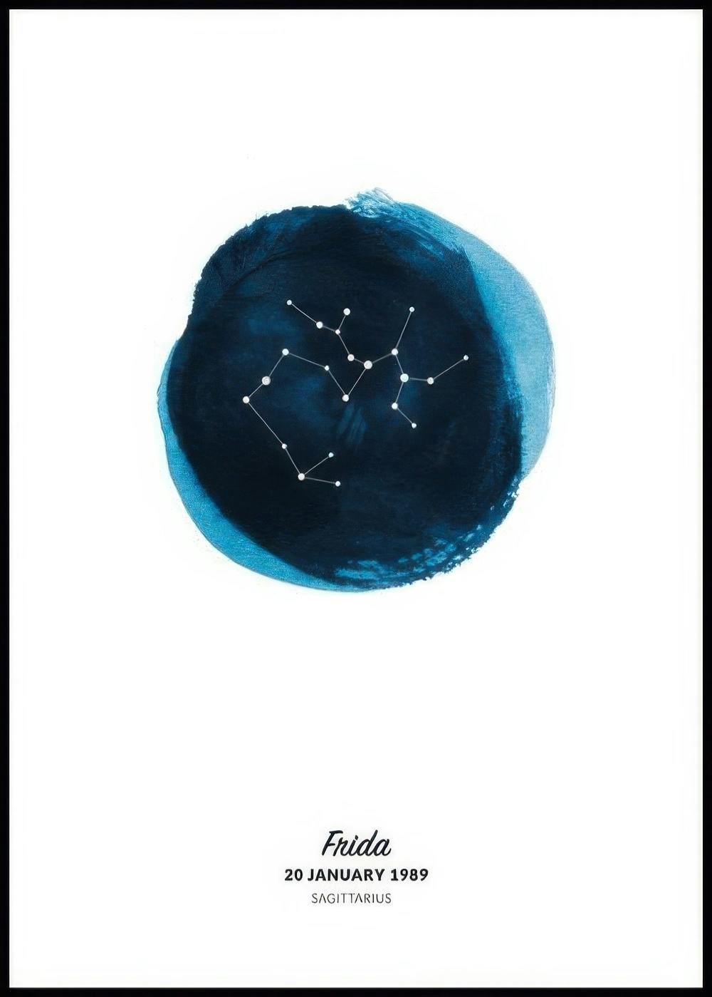 Póster personalizado con constelación de Sagitario en círculo azul oscuro, nombre y fecha de nacimiento debajo.