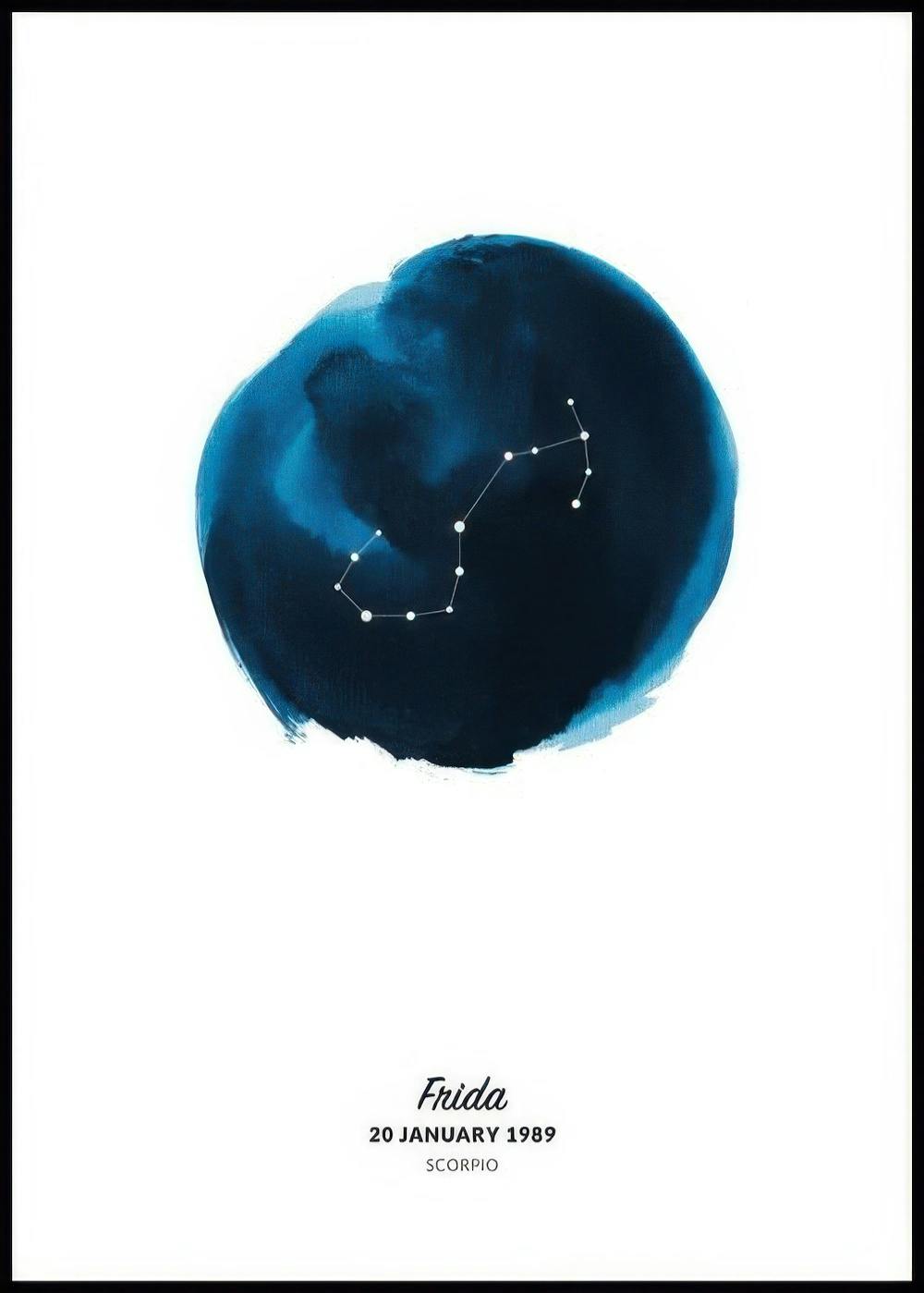 Póster personalizado con constelación de Escorpio sobre mancha acuarela azul y texto editable.