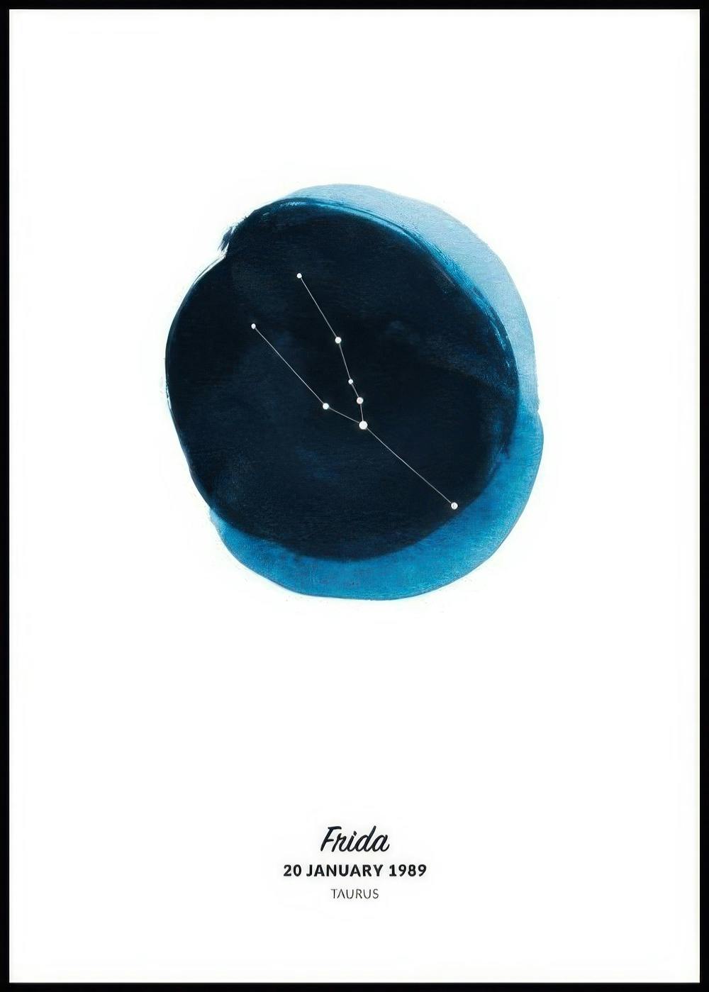 Póster personalizado con constelación de Tauro sobre una mancha de acuarela azul y texto personalizable.