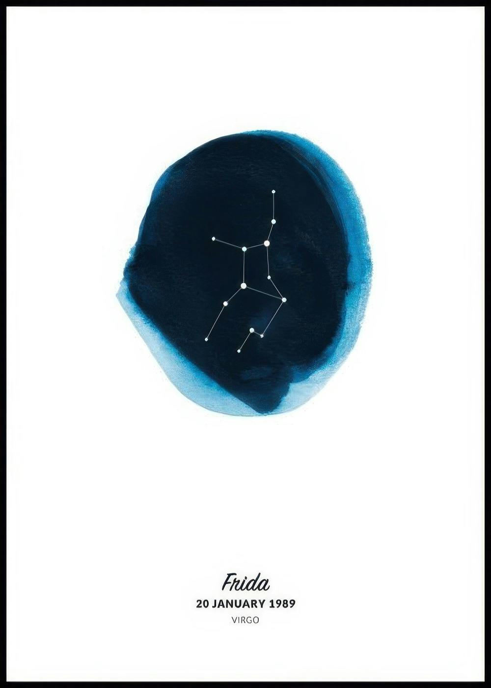 Póster personalizado con la constelación de Virgo en azul oscuro sobre una mancha de acuarela, y texto personalizable.