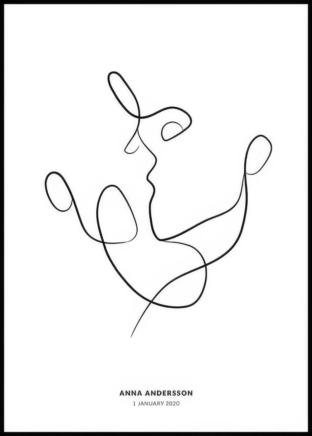 Gepersonaliseerde poster met een minimalistische lijntekening van twee gezichten, met de tekst ANNA ANDERSSON 1 JANUARY 2020.