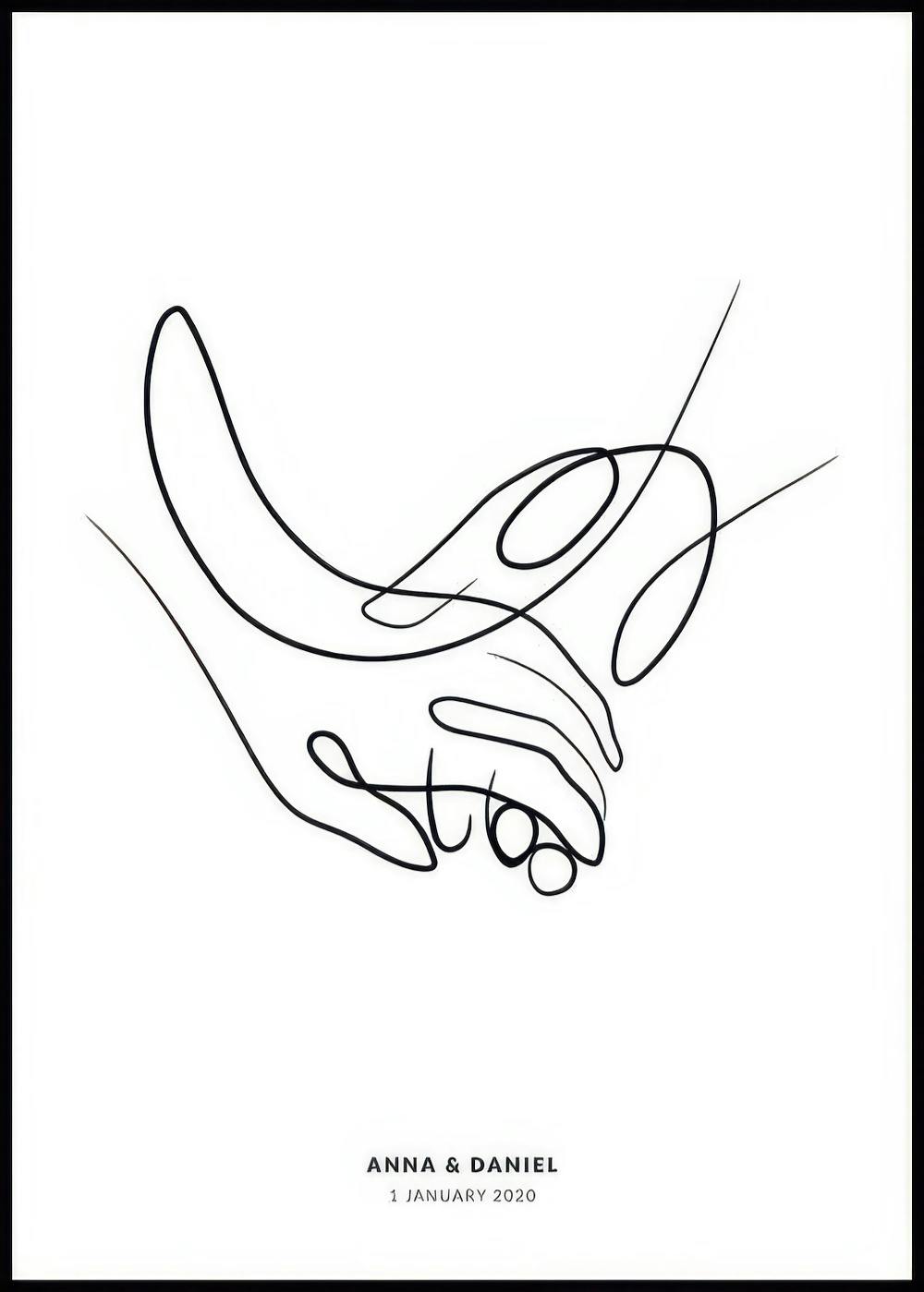Póster personalizado con un dibujo abstracto de dos manos entrelazadas en blanco y negro, con nombres y fecha personalizables.
