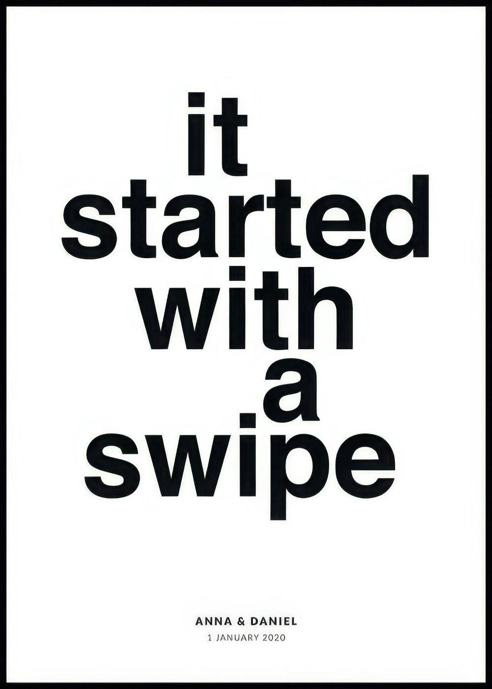A personalized poster with black text it started with a swipe and Anna & Daniel 1 January 2020 on a white background.