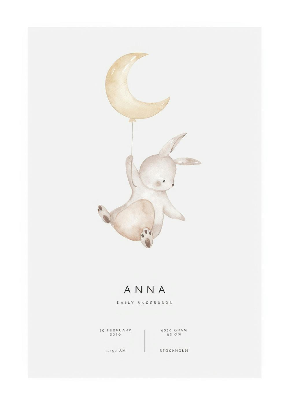 Un poster personnalisé dun mignon lapin en aquarelle saccrochant à un ballon en forme de lune, avec des détails de naissance en