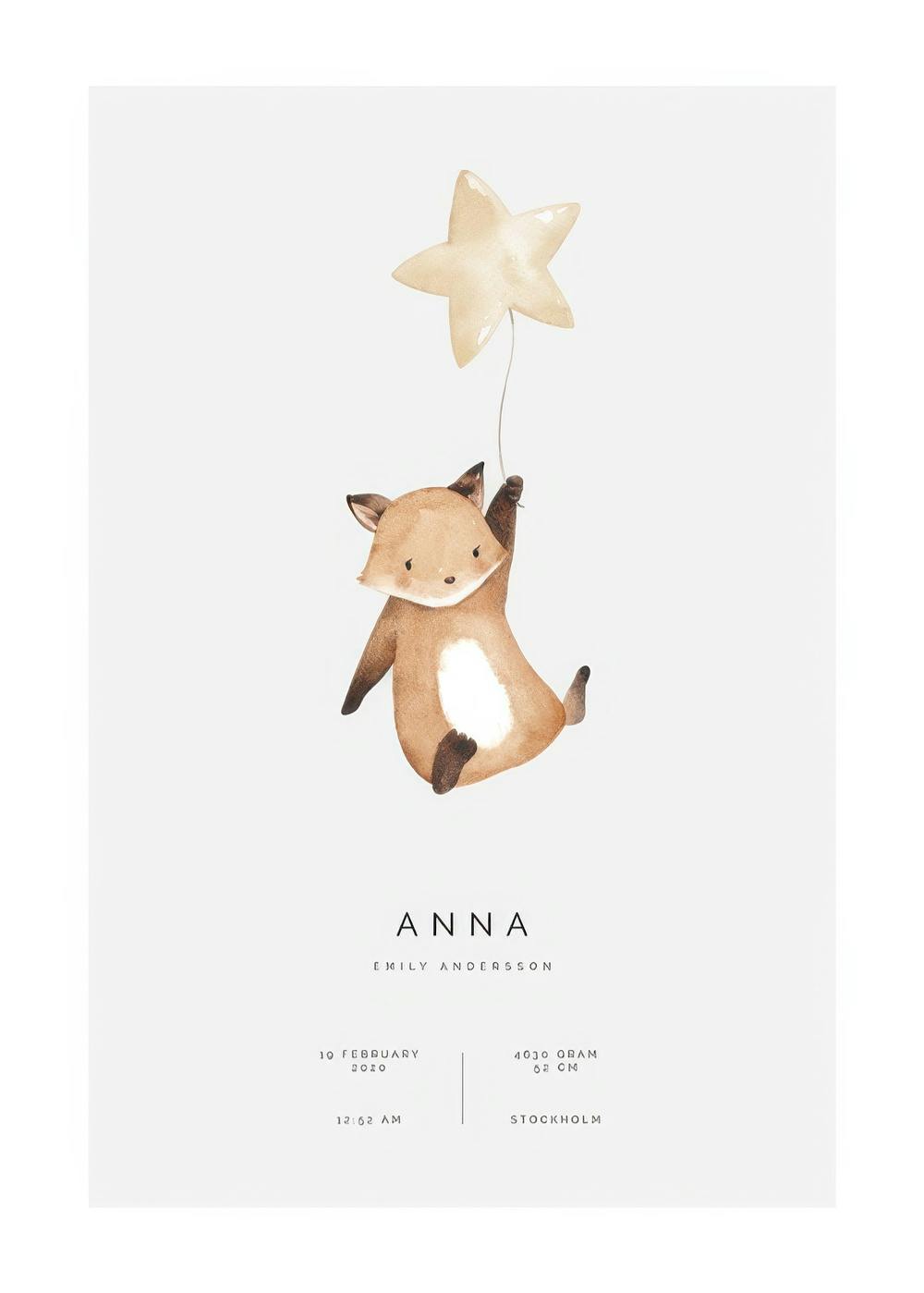 Personalisiertes Poster: Ein niedlicher Fuchs hält einen Sternenballon, darunter Name, Datum und Geburtsdaten.
