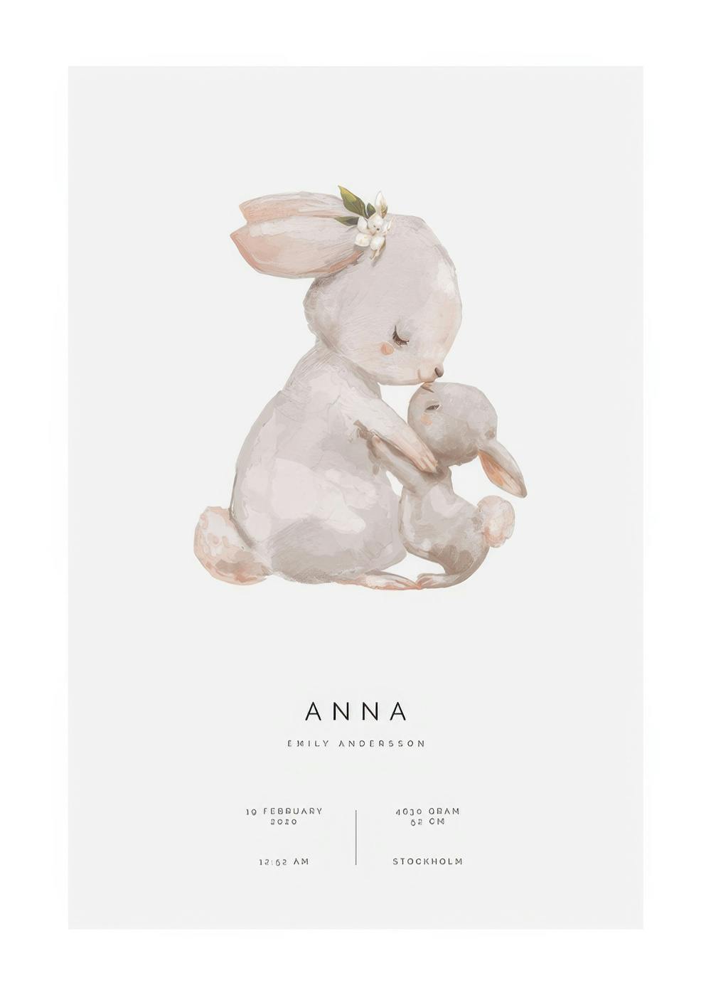 Ein personalisiertes Poster mit einer Hasenmutter, die ihr Baby umarmt, und Geburtsdaten darunter.