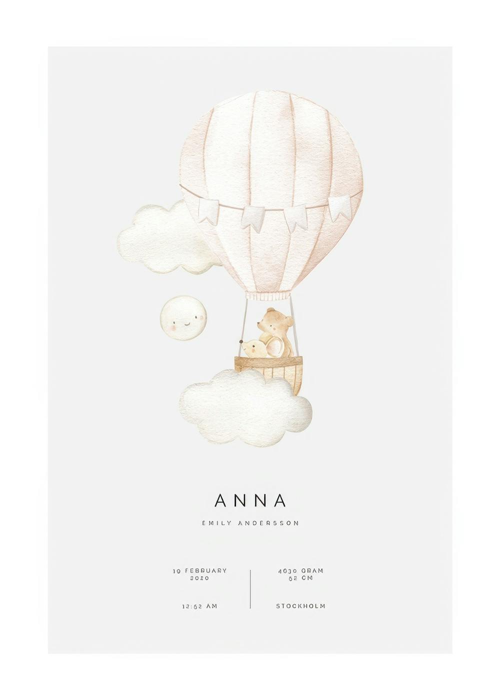 Ein personalisiertes Poster mit einem Heißluftballon, der zwei Bären und einen Mond in Wolken schweben lässt.
