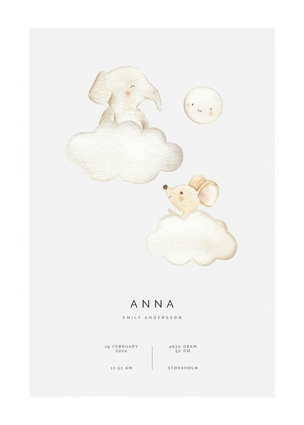 Poster personnalisé avec éléphant, souris et lune souriants sur des nuages, et texte personnalisable.