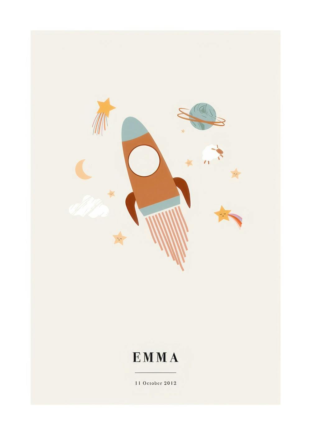 Personalisiertes Poster mit einer Rakete, Planeten und Sternen auf hellem Hintergrund, inklusive Name und Datum.