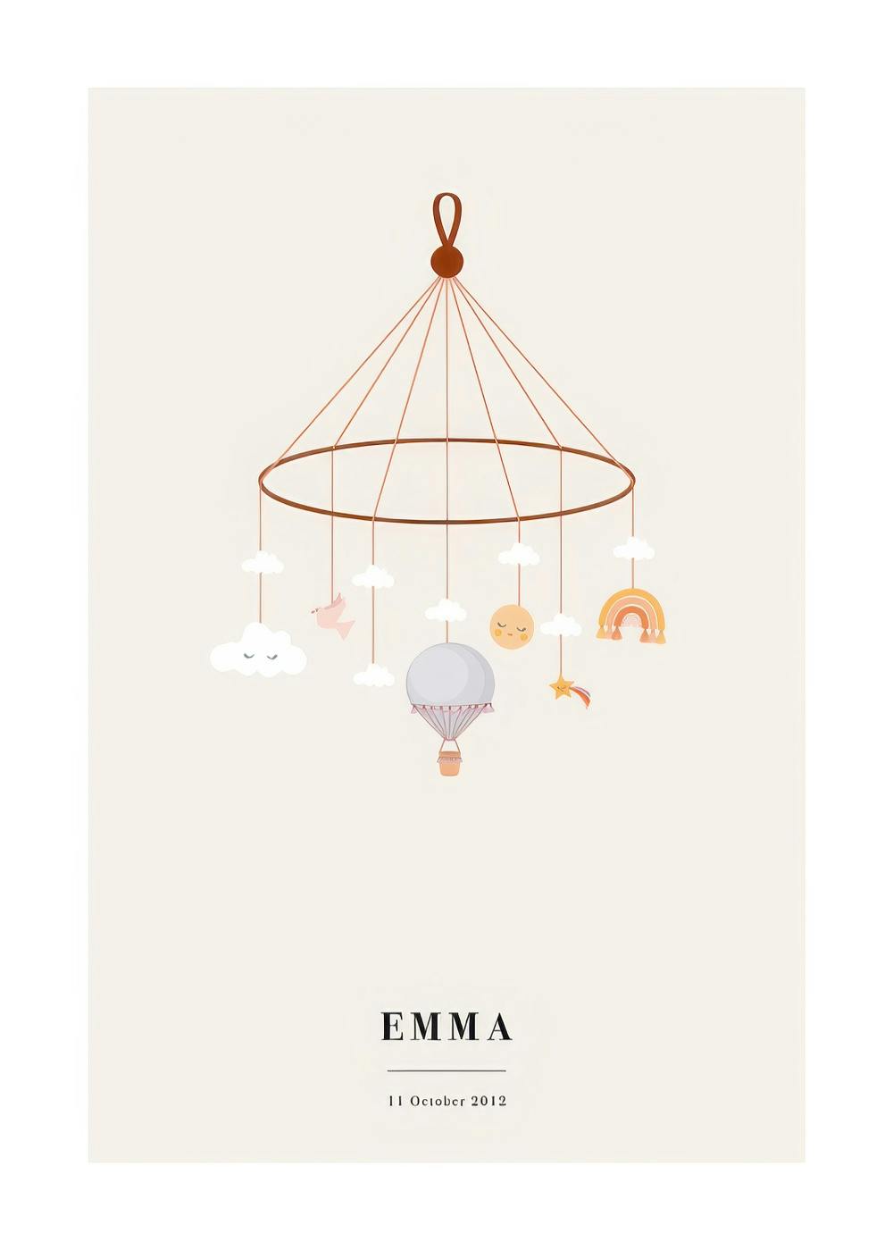 Ein personalisiertes Poster mit einem Mobile, das einen Heißluftballon, Wolken, einen Regenbogen, Sonne und Sterne zeigt, darunt