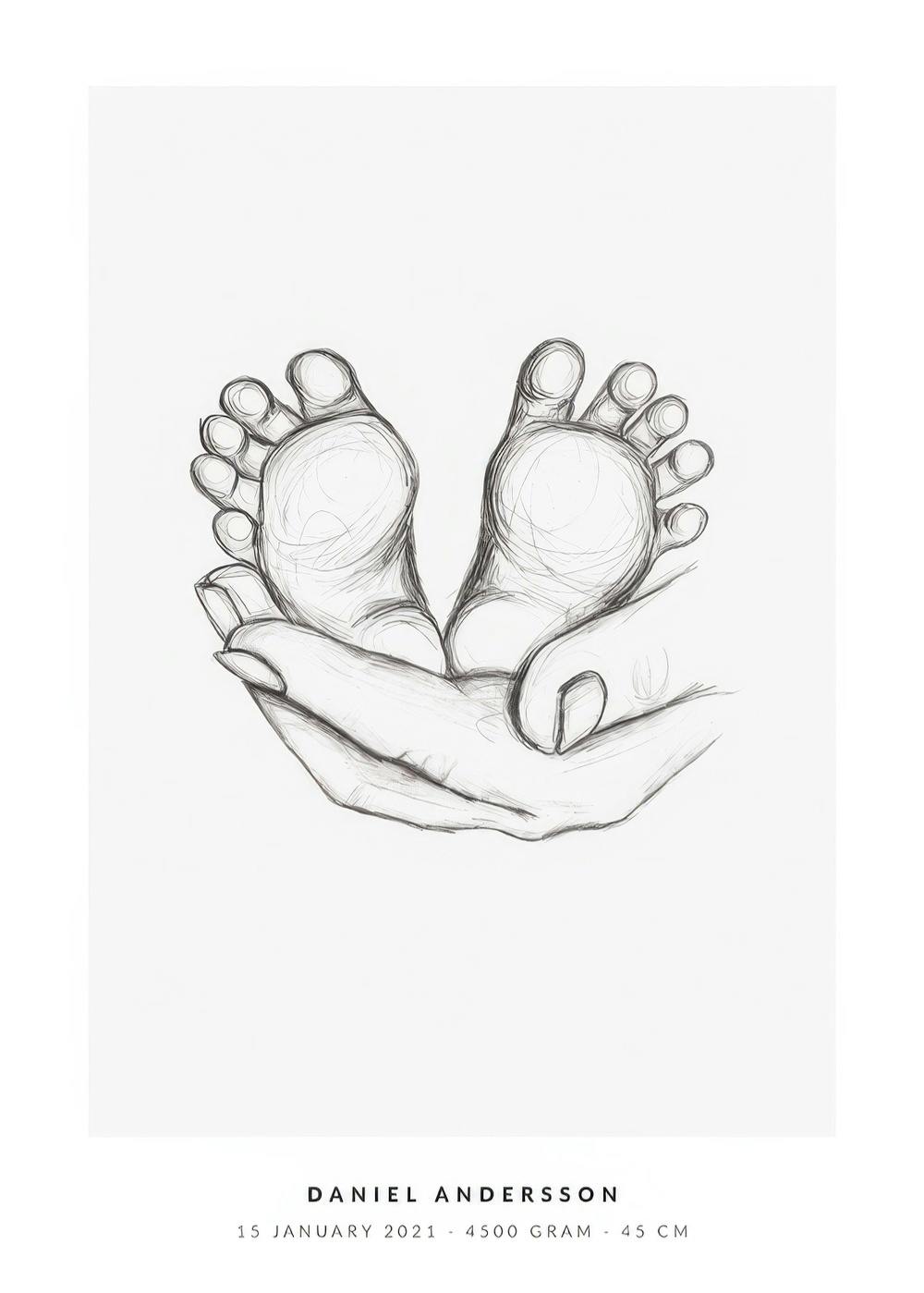 Personalisiertes Poster: Skizze von Babyfüßen, die in Erwachsenenhänden gehalten werden, mit personalisiertem Text darunter.