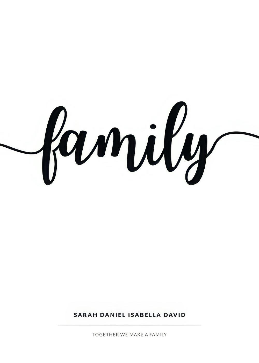 Ein personalisiertes Poster mit dem Wort family in schwarzer Schreibschrift und einer personalisierbaren Namenszeile darunter.