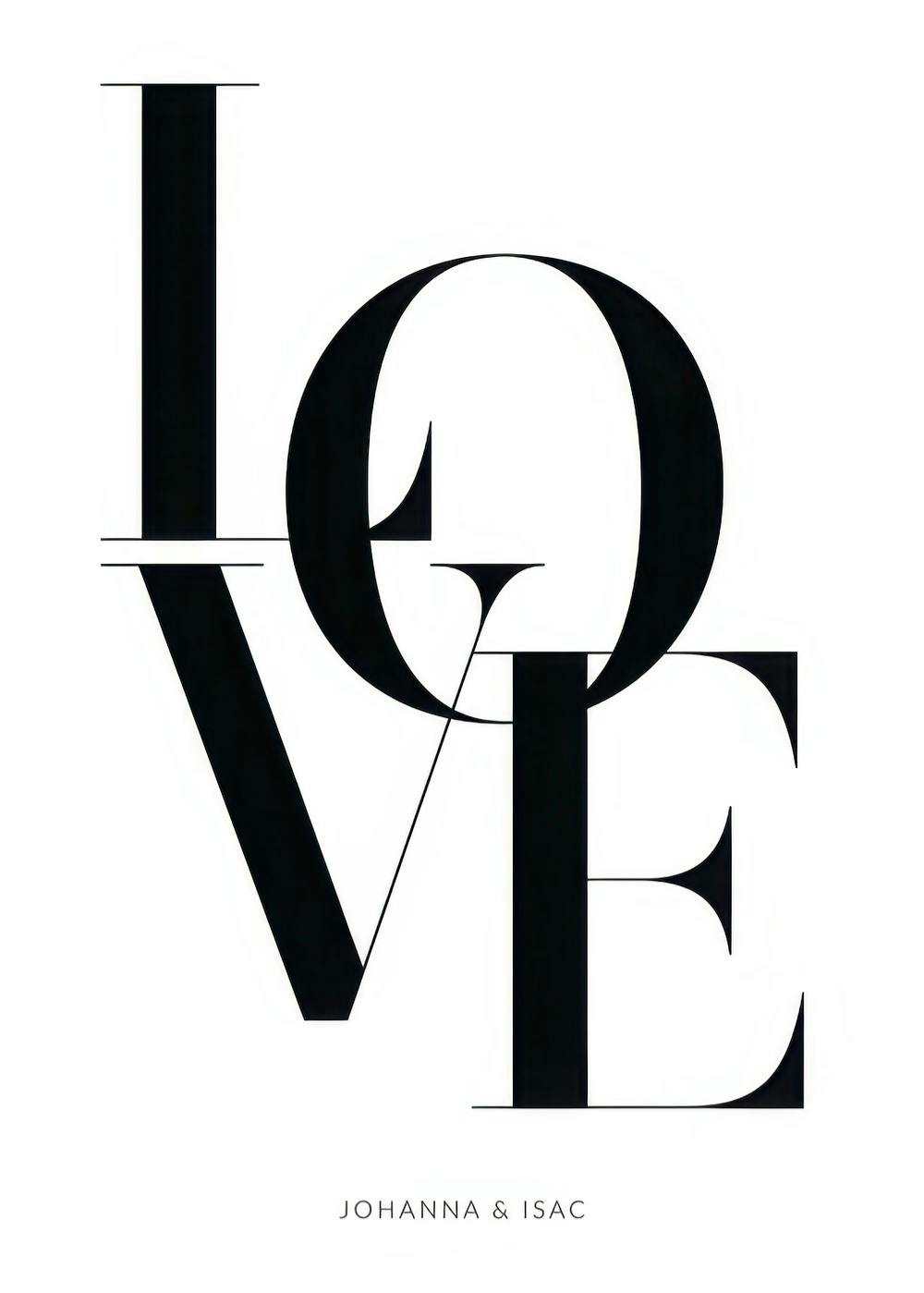Een gepersonaliseerde poster met de zwarte letters LOVE in een modern, overlappend lettertype, met daaronder de namen Johanna &