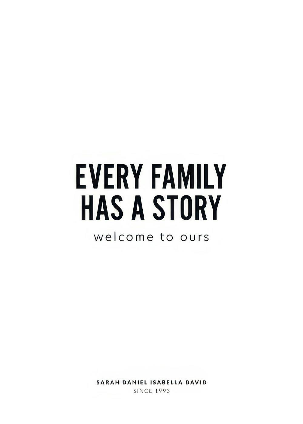 Poster personalizzato family con scritta EVERY FAMILY HAS A STORY welcome to ours e nomi personalizzabili.