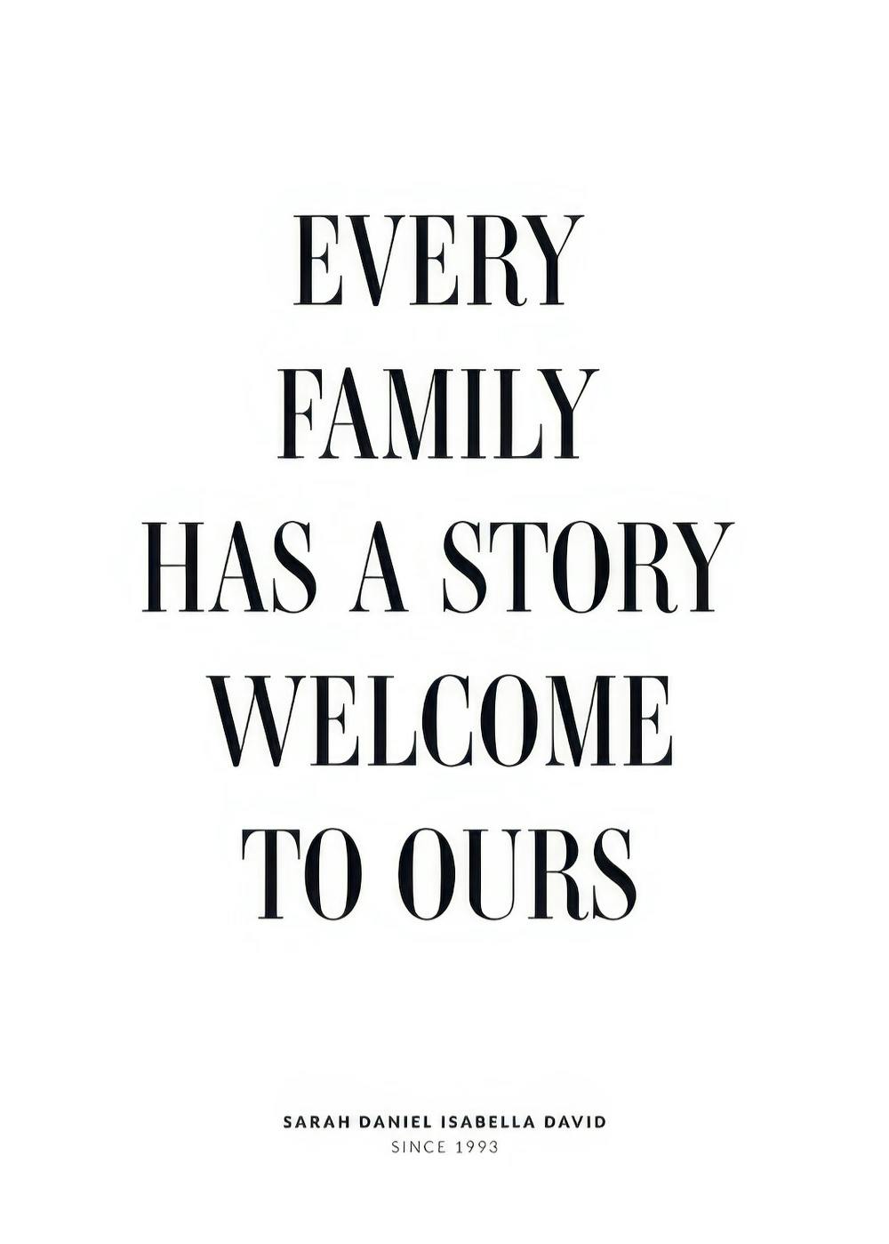A personalised poster with the text EVERY FAMILY HAS A STORY WELCOME TO OURS in black serif font, with custom names and date bel