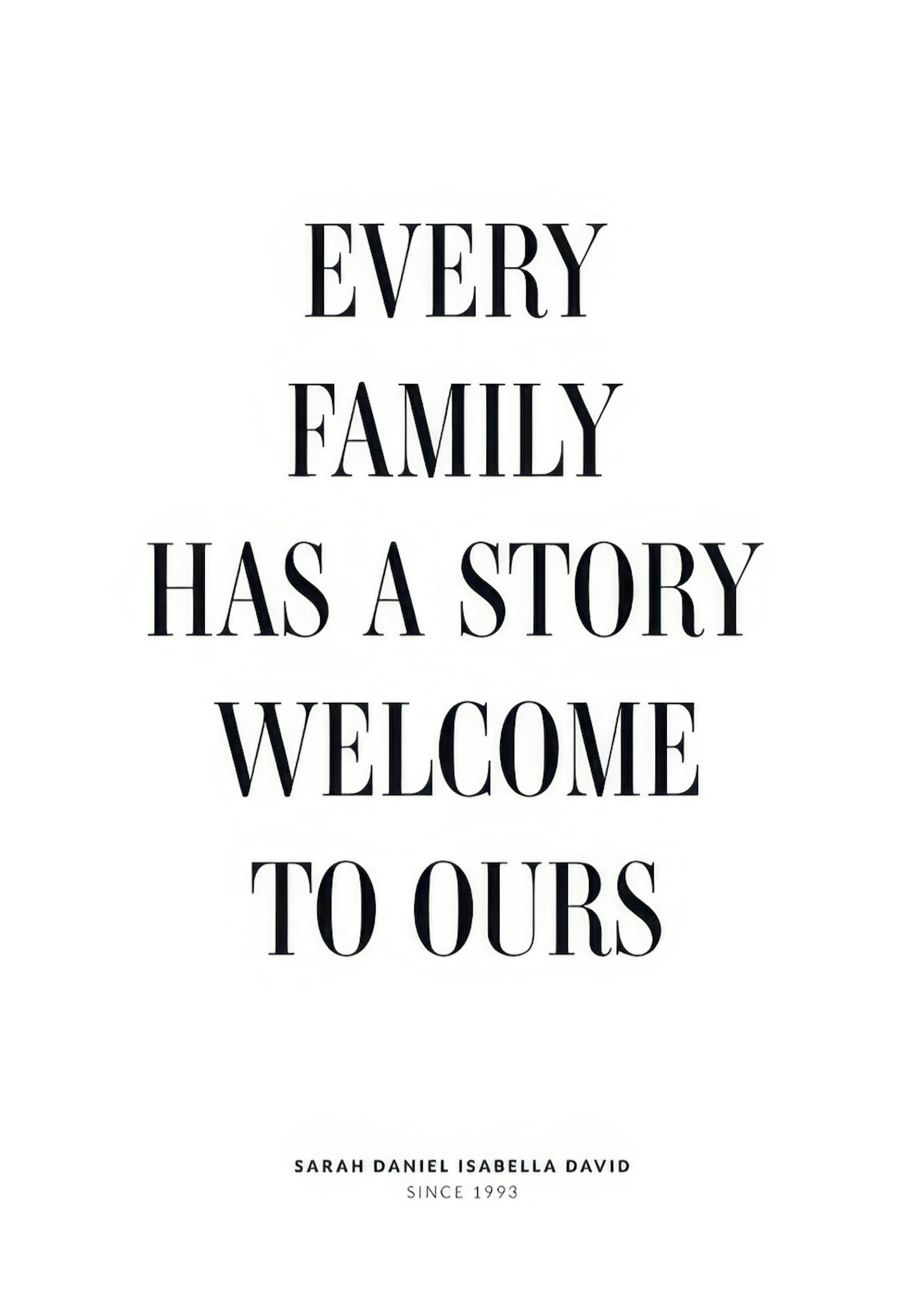 A personalised poster with the text EVERY FAMILY HAS A STORY WELCOME TO OURS in black serif font, with custom names and date bel