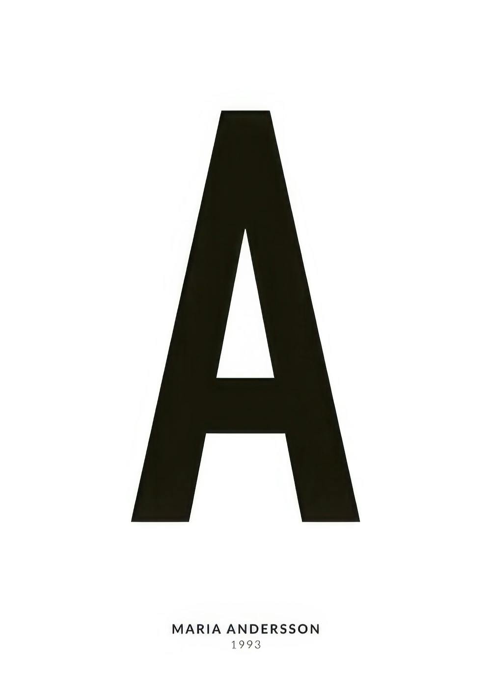 A personalised poster with a bold black letter A on a white background, with a name and year below.