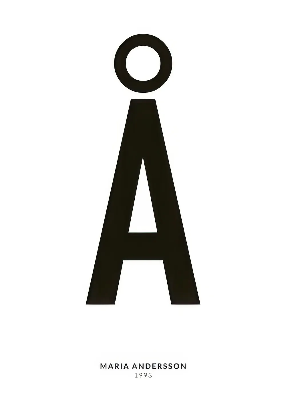 Ein personalisiertes Poster mit dem schwarzen Buchstaben Å auf weißem Hintergrund, darunter der Name Maria Andersson und das Jah