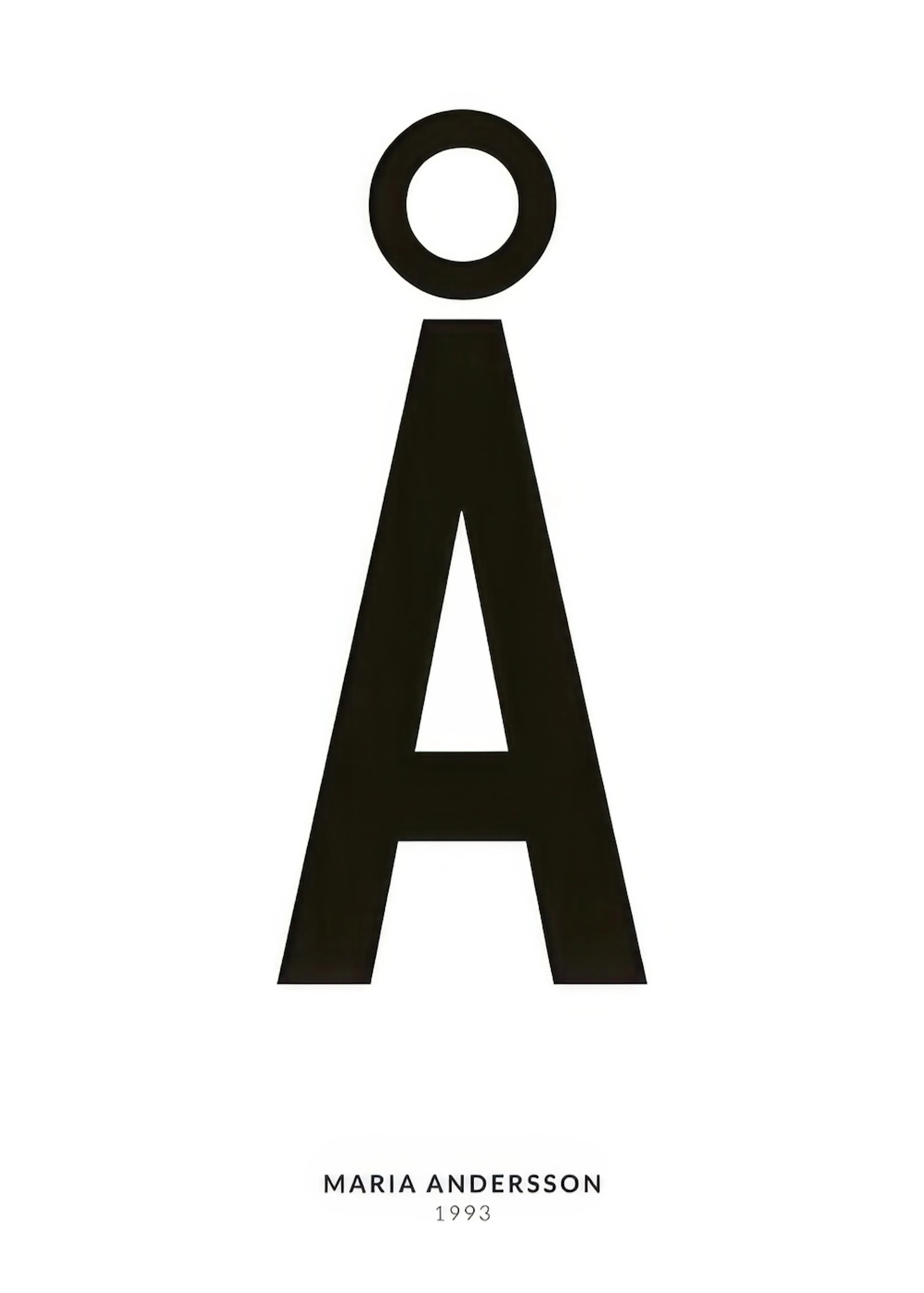 Ein personalisiertes Poster mit dem schwarzen Buchstaben Å auf weißem Hintergrund, darunter der Name Maria Andersson und das Jah