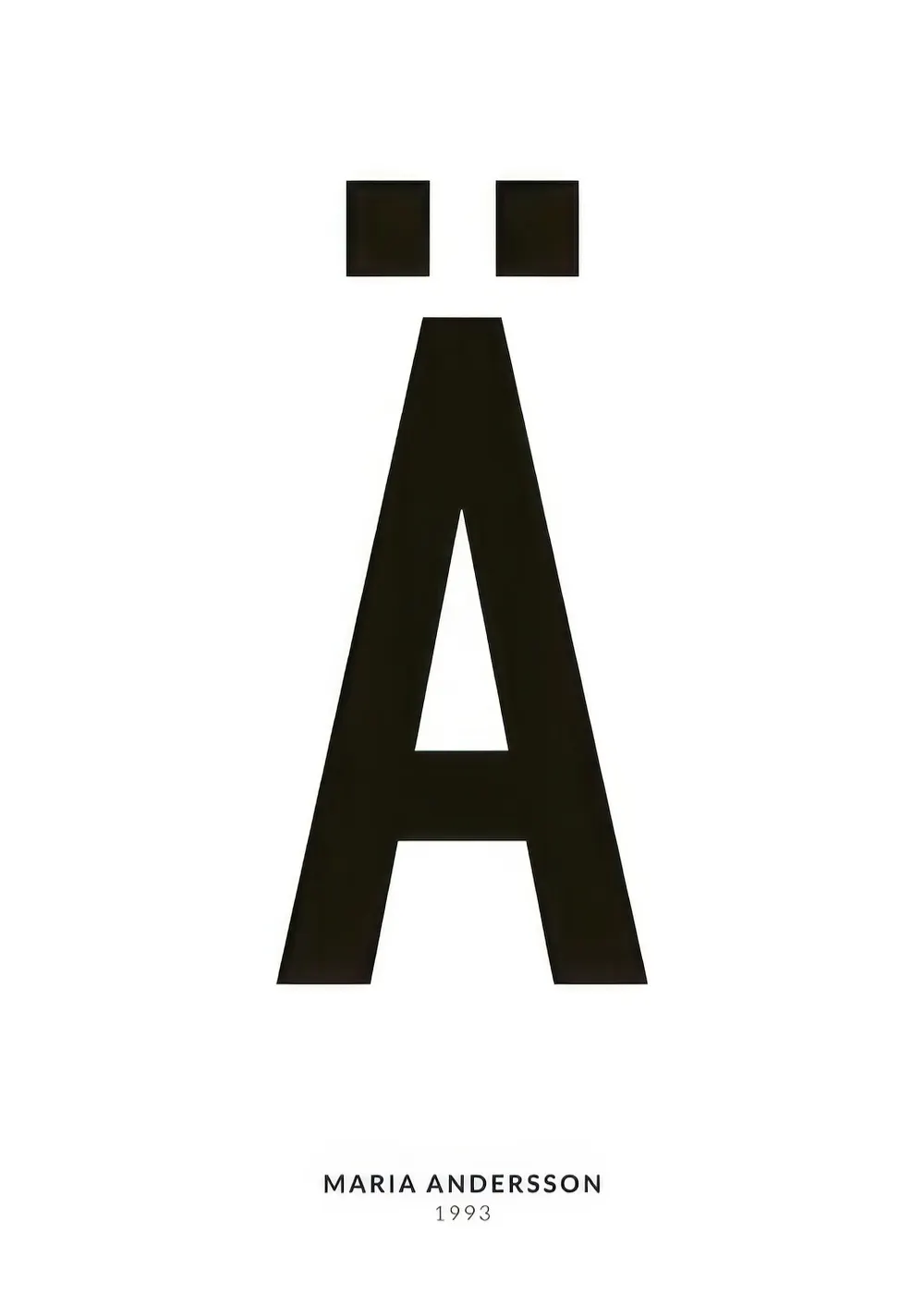 Ein personalisiertes Poster mit einem großen schwarzen Ä auf weißem Hintergrund und kleinem Text unten.