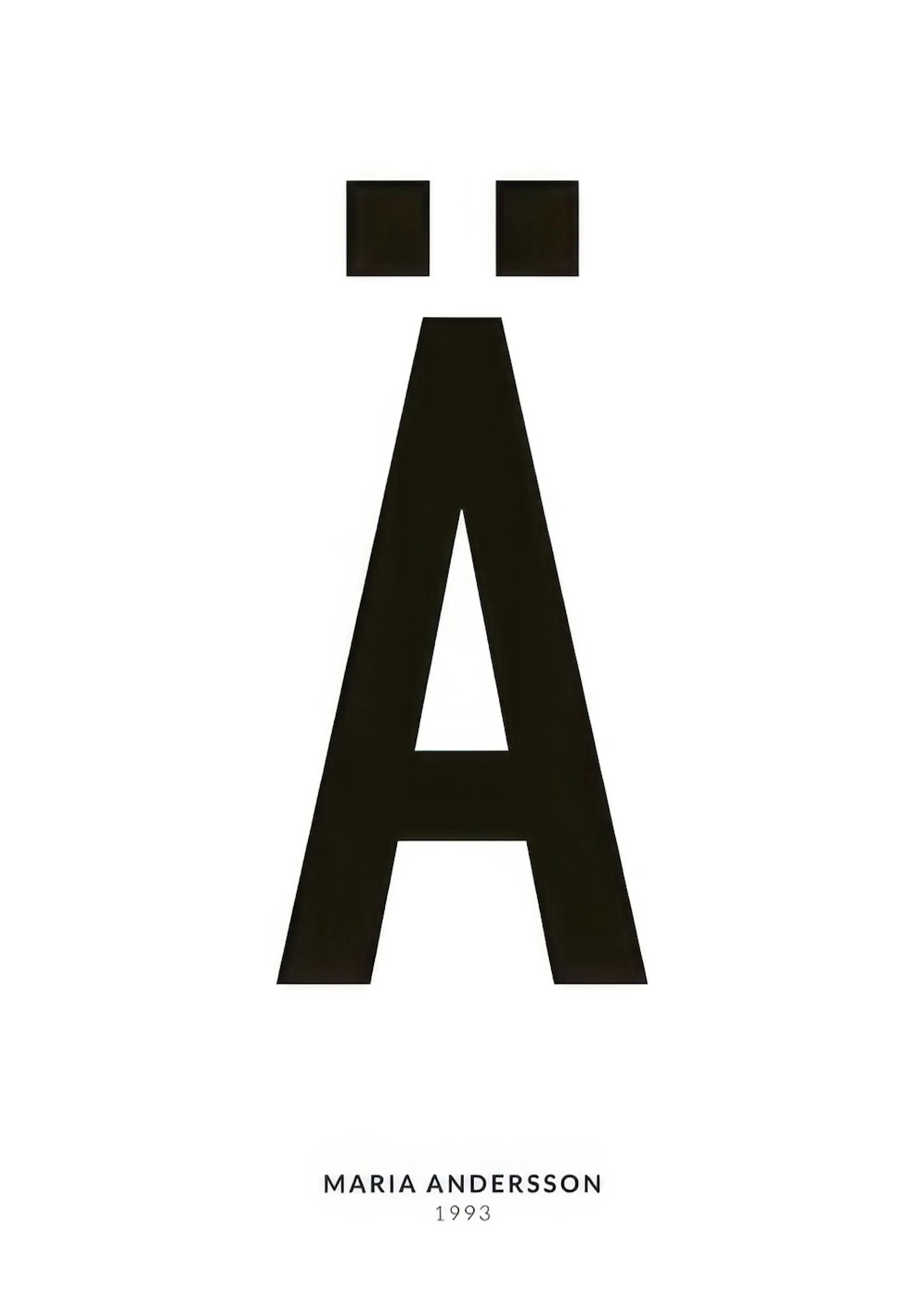 Ein personalisiertes Poster mit einem großen schwarzen Ä auf weißem Hintergrund und kleinem Text unten.