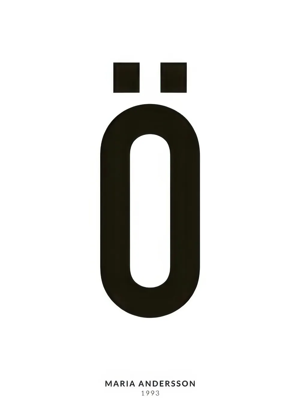 Ein personalisiertes Poster mit dem schwarzen Buchstaben Ö auf weißem Hintergrund, darunter der Name Maria Andersson und die Jah