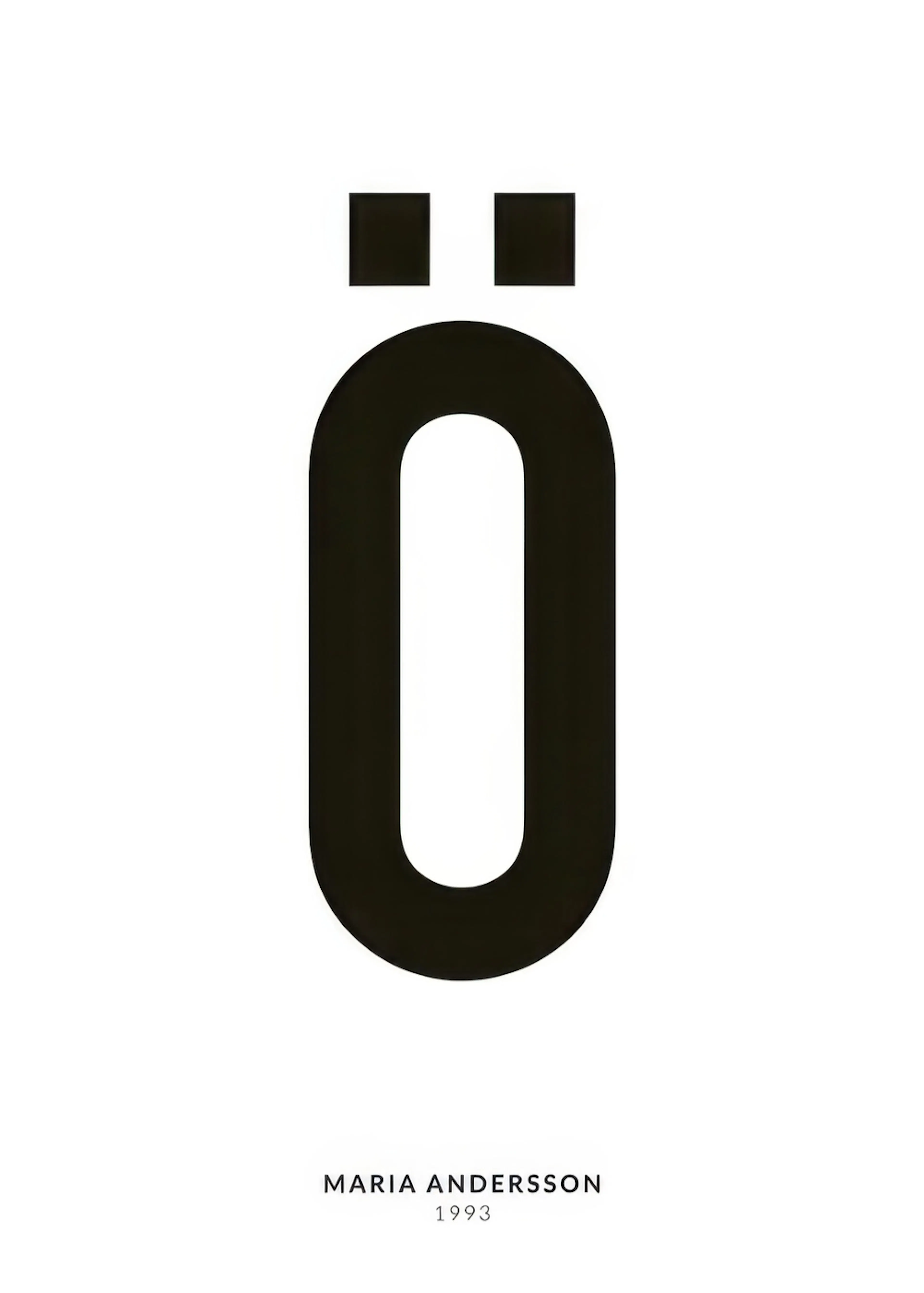 Ein personalisiertes Poster mit dem schwarzen Buchstaben Ö auf weißem Hintergrund, darunter der Name Maria Andersson und die Jah