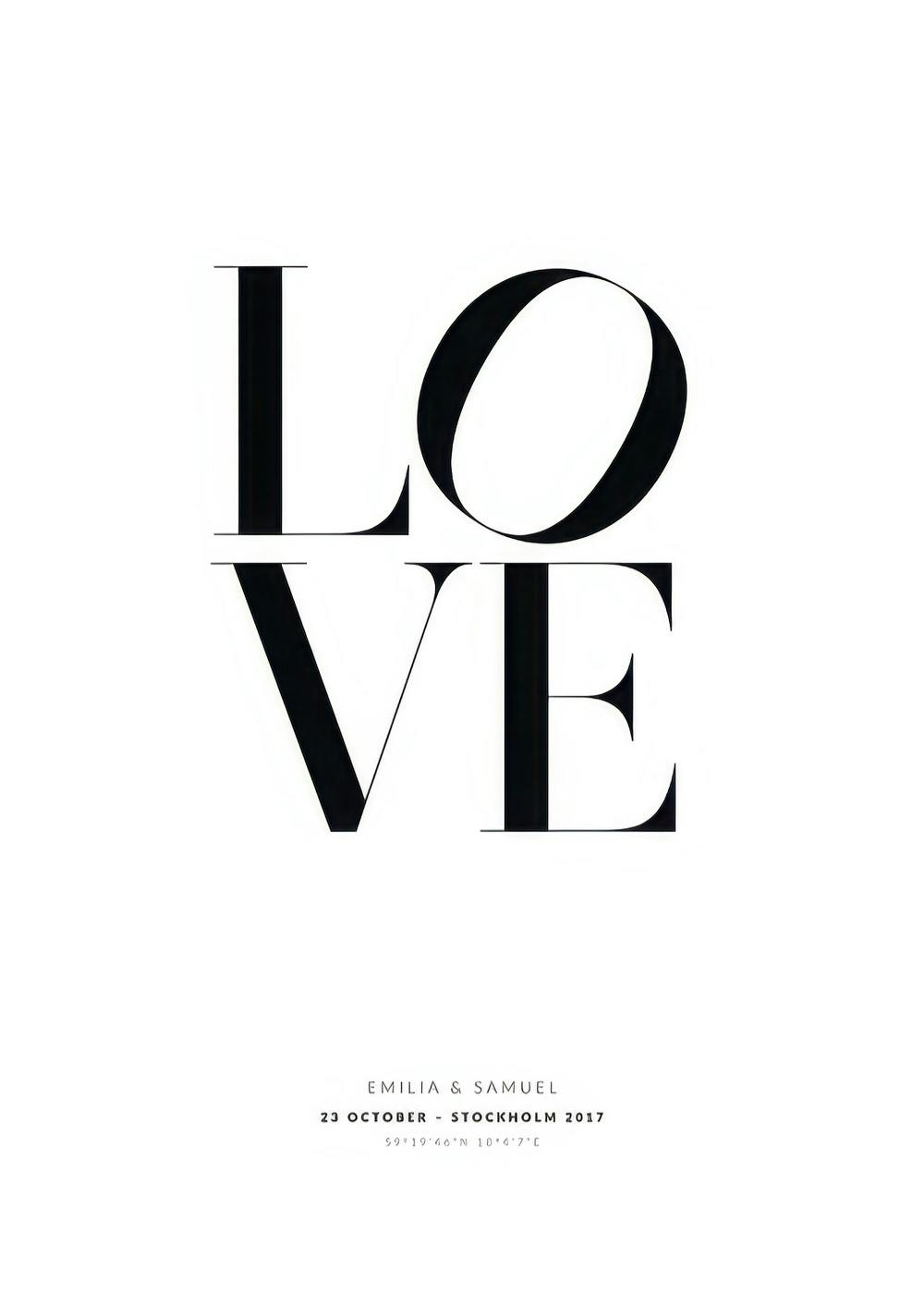 Plakat personalizowany z czarnym napisem LOVE i danymi: Emilia & Samuel, 23 October, Stockholm 2017.