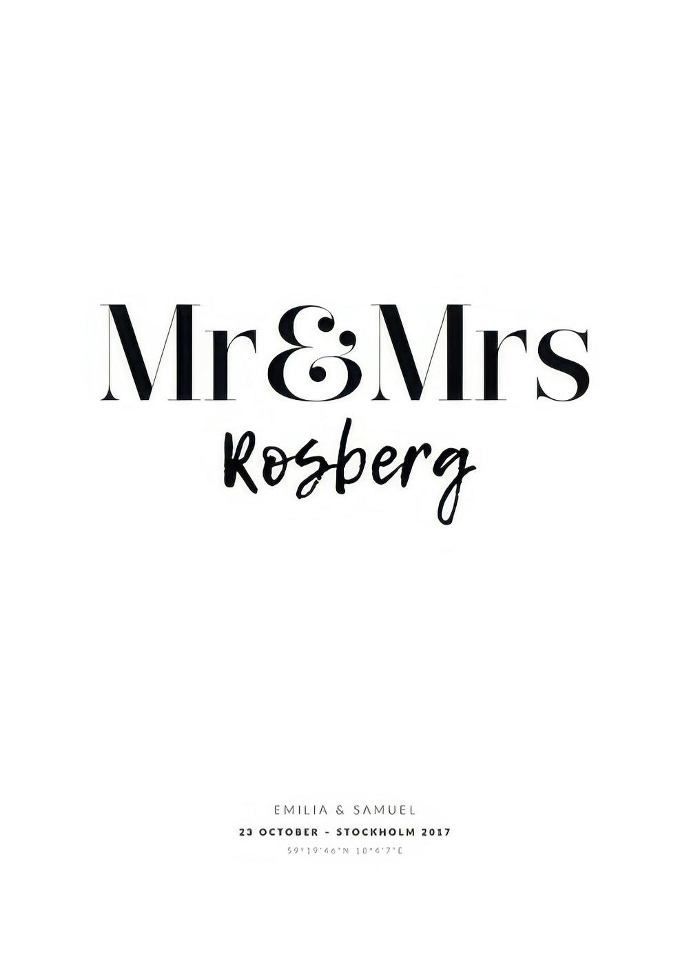 Biały plakat personalizowany z czarnym napisem Mr & Mrs Rosberg oraz imionami i datą ślubu na dole.