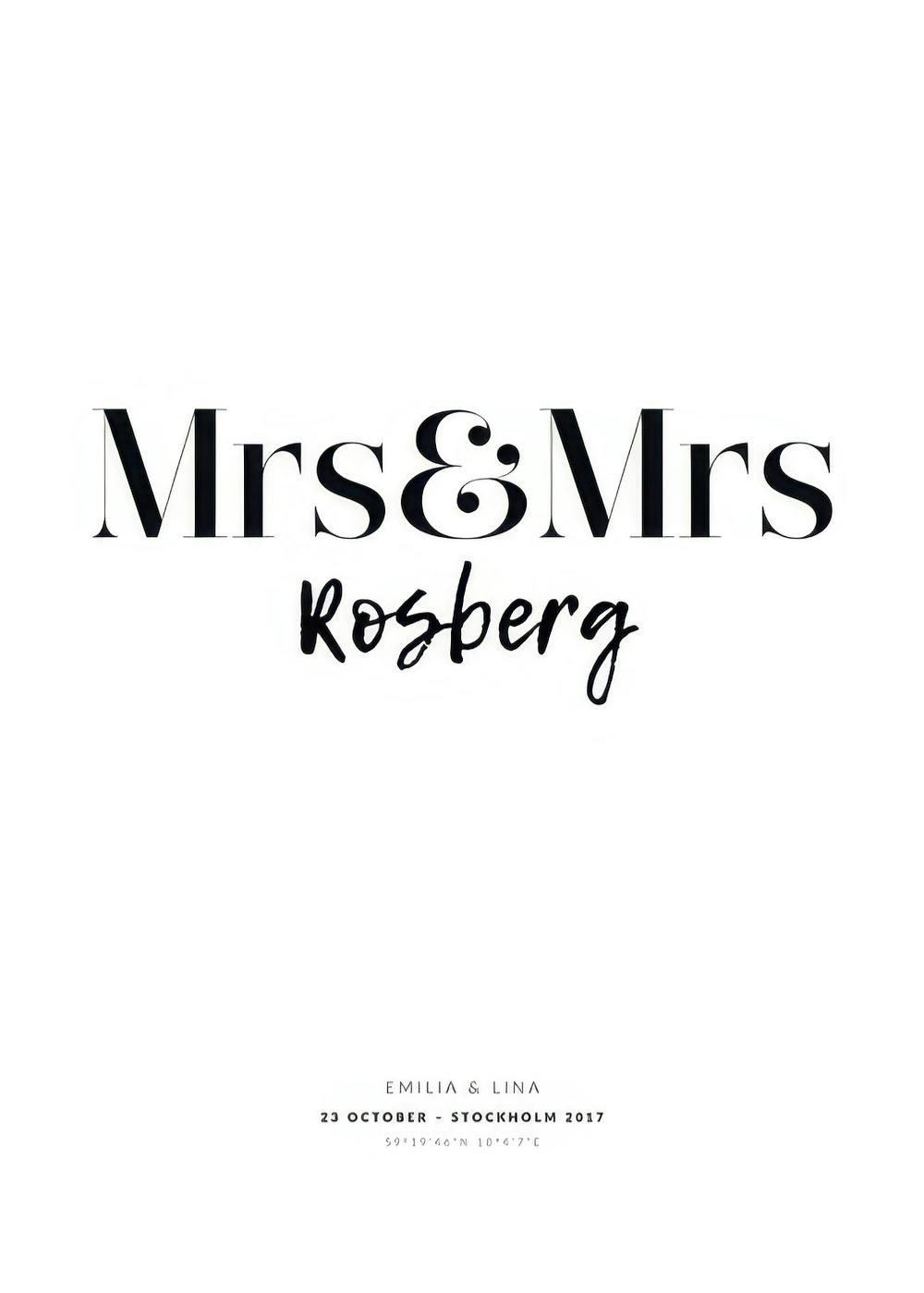 Plakat personalizowany z napisem Mrs&Mrs Rosberg, datą i miejscem, czcionką szeryfową i kursywą na białym tle.