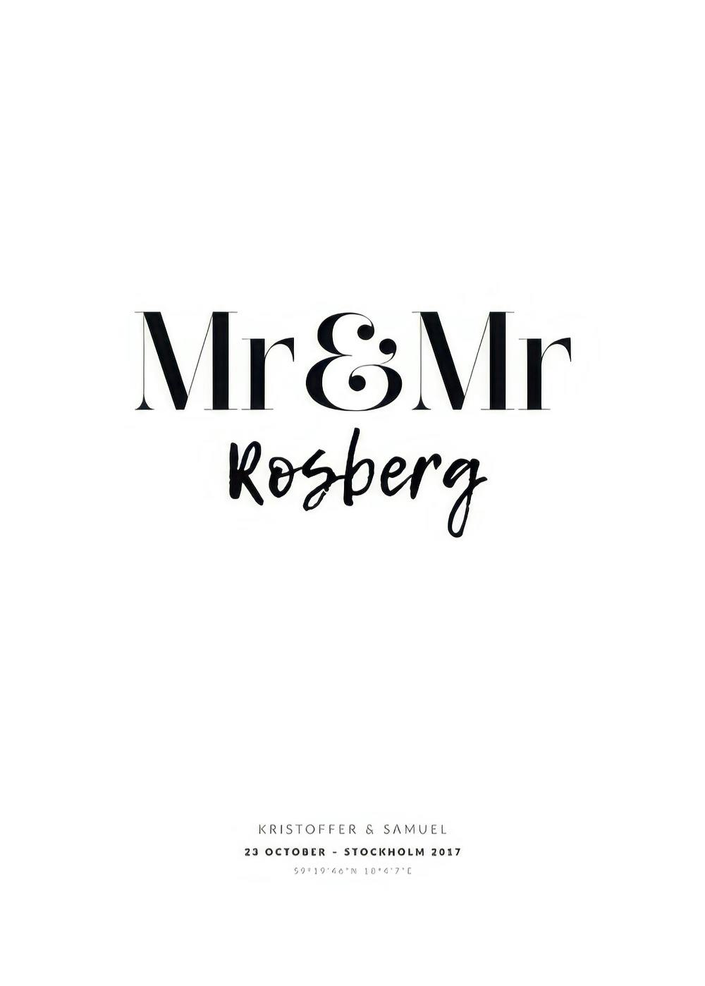 A personalised poster with Mr & Mr in black serif font, Rosberg in script, and names, date, and location subtly below.