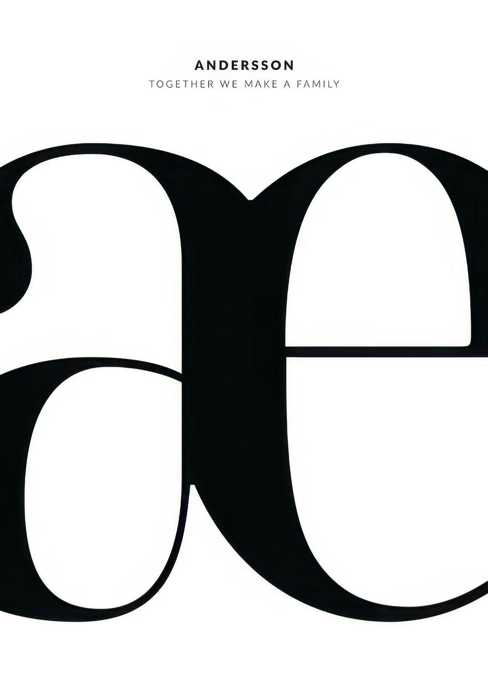 A personalised poster with bold black AE monogram on a white background, featuring the family name ANDERSSON and text TOGETHER W