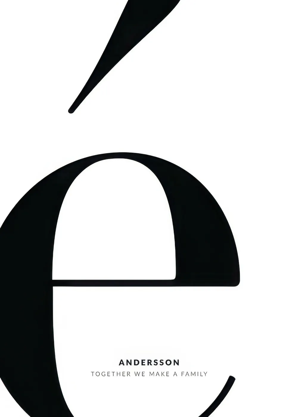 Ein personalisiertes Poster mit dem großen, schwarzen Buchstaben e und dem Text ANDERSSON TOGETHER WE MAKE A FAMILY.