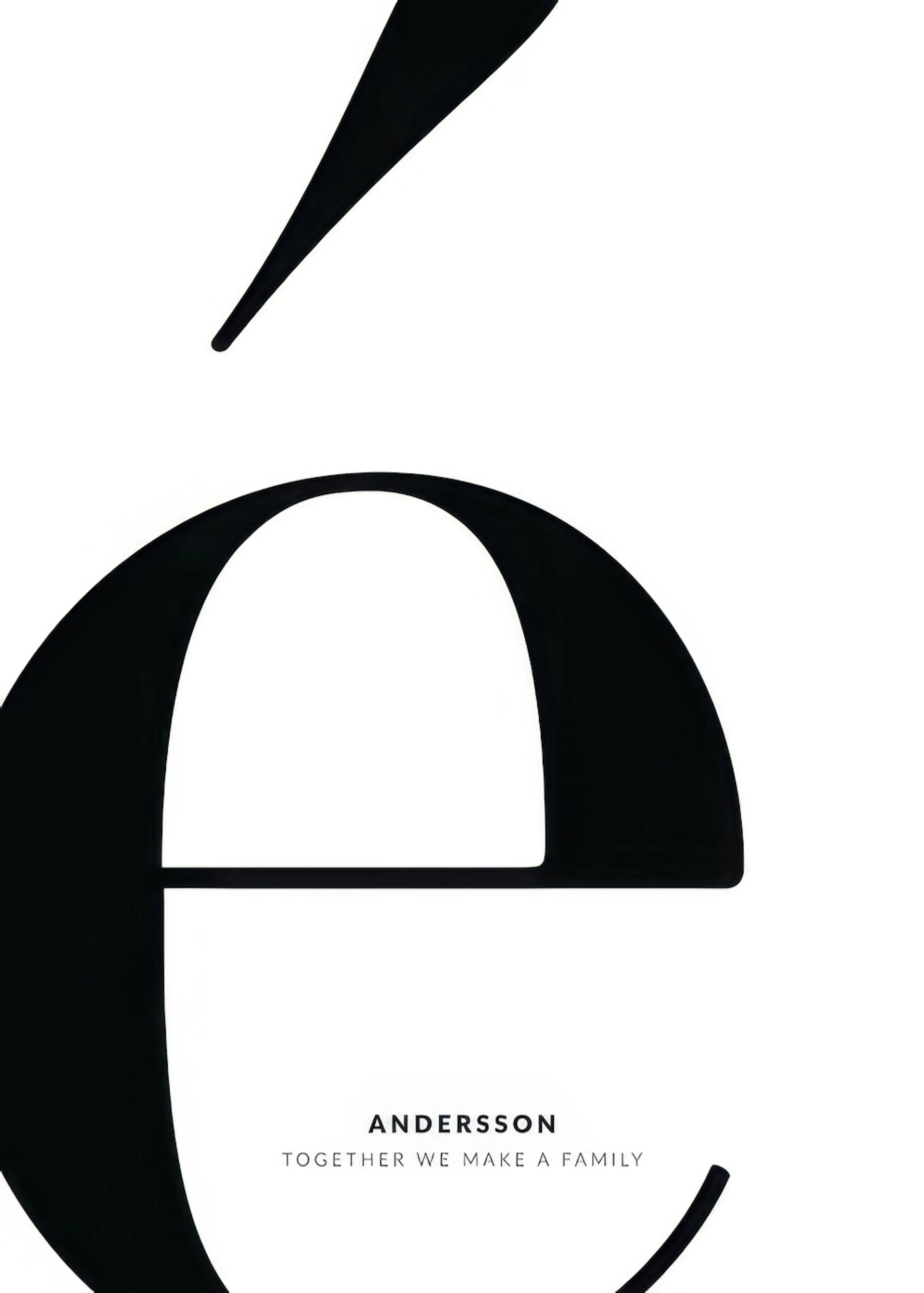 Ein personalisiertes Poster mit dem großen, schwarzen Buchstaben e und dem Text ANDERSSON TOGETHER WE MAKE A FAMILY.