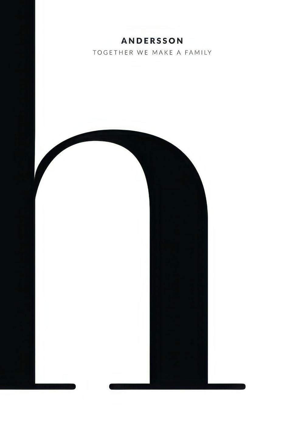 A personalised poster featuring a large black letter h on a white background, with ANDERSSON and TOGETHER WE MAKE A FAMILY text