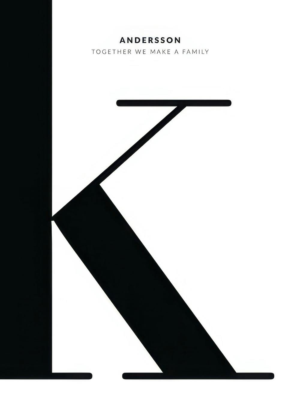 A personalised poster with a large black letter K on a white background, and the text ANDERSSON and TOGETHER WE MAKE A FAMILY ab